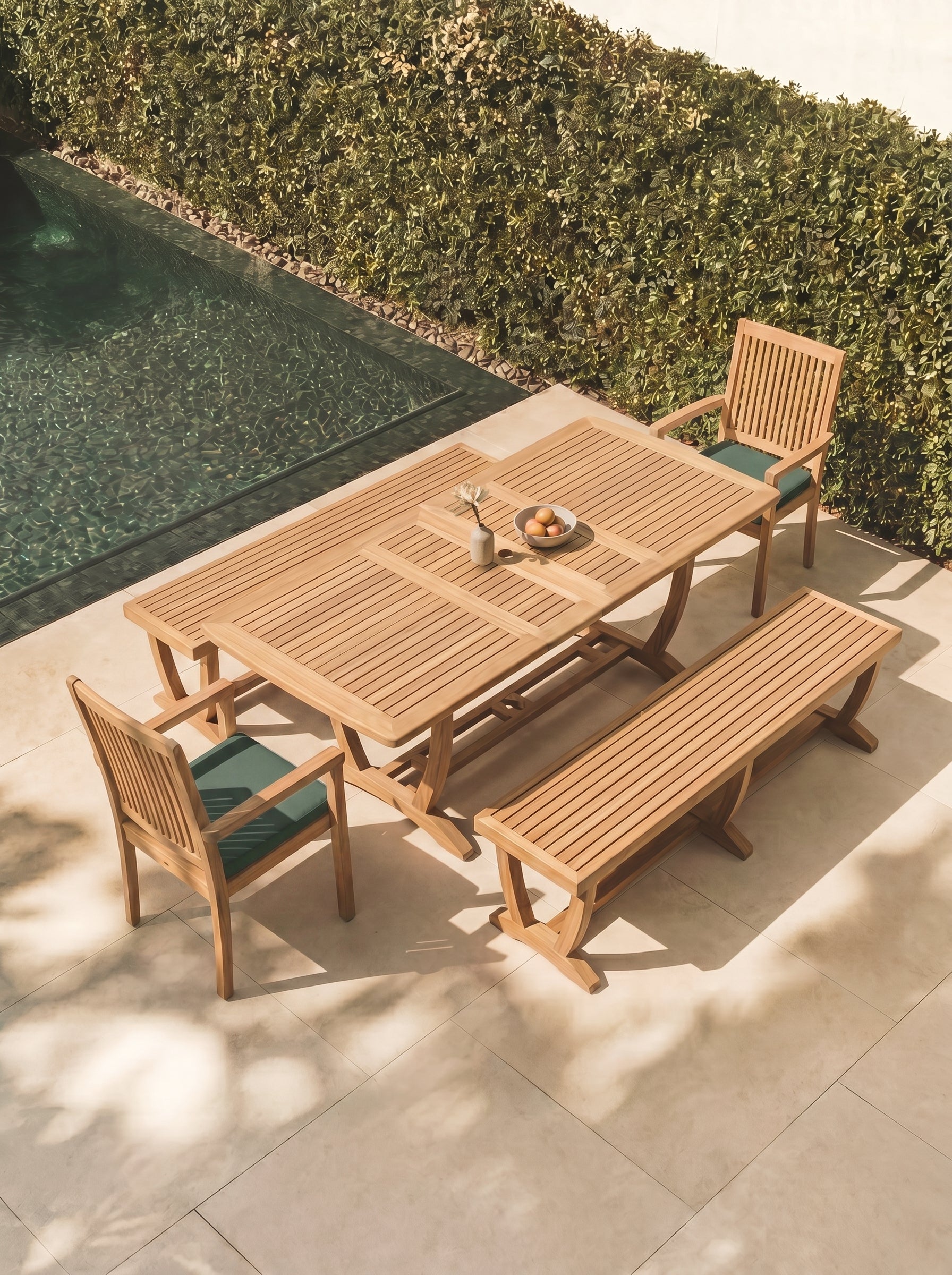 Teak Burnham 8 Seater Extending Table 1.8m-2.4m (4cm Thick Top) with  2* Teak Burnham Chairs & 2* Burnham Bench 1.8m (Garden / Outdoor Dining Set)