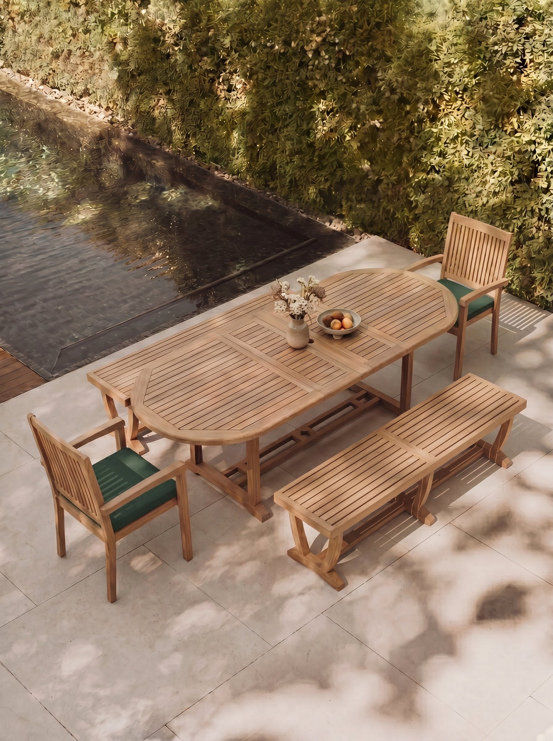 Teak Belgrave 8 Seater Extending Table 1.8m-2.4m (4cm Thick Top) with 2*Teak Burnham Chairs & 2* Burnham Bench 180cm (Garden / Outdoor Dining Set)