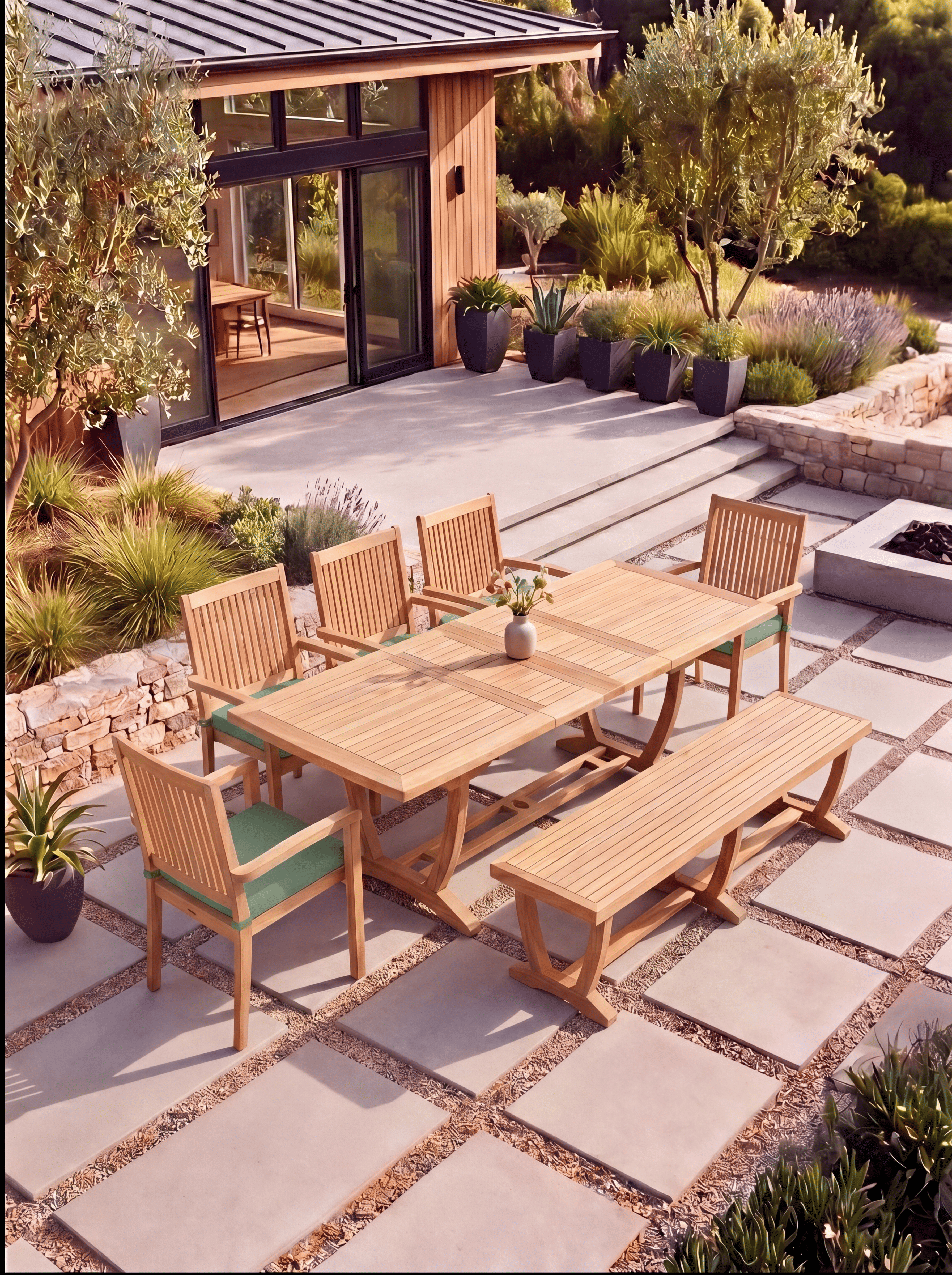 Teak Burnham 8 Seater Extendable Table 1.8m-2.4m (4cm Thick Top) with 5 Teak Burnham Stacking Chairs & 1× 3-Seater Burnham Bench (Garden / Outdoor Dining Set)