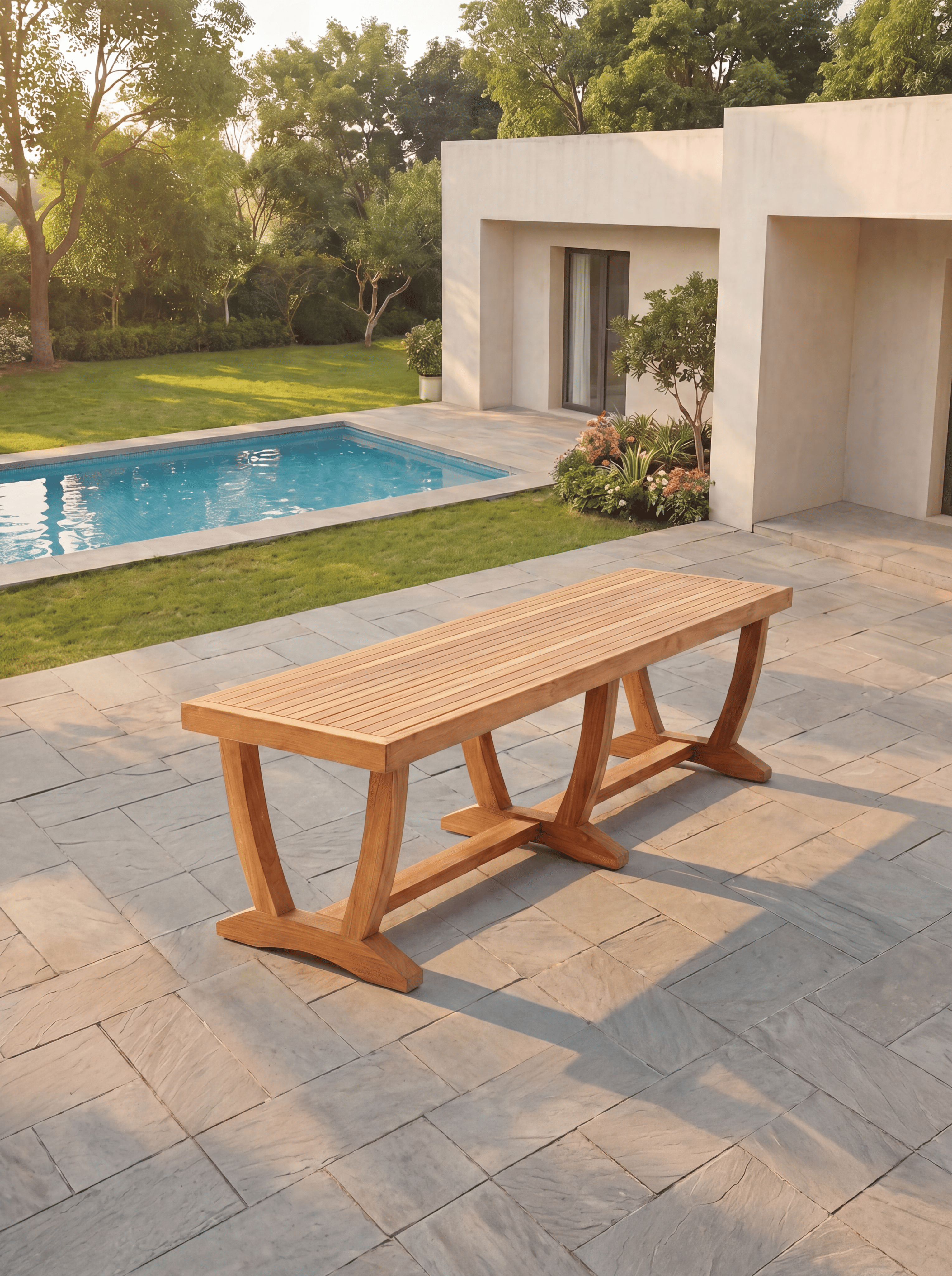 Teak Belgrave 8 Seater Extendable Table 1.8m-2.4m (4cm Thick Top) with 5 Teak Burnham Stacking Chairs & 1× 3-Seater Burnham Bench (Garden / Outdoor Dining Set)