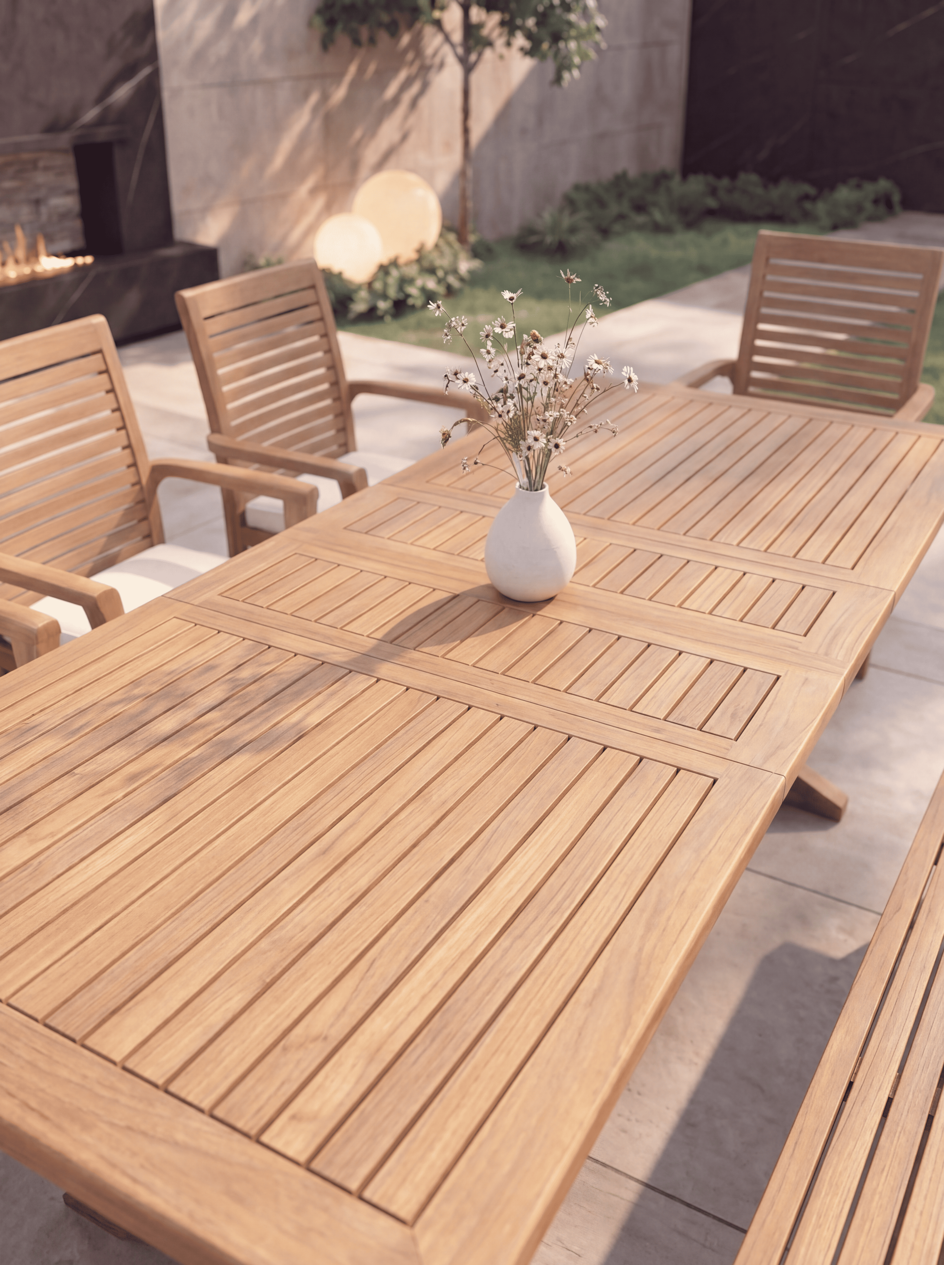 Teak Burnham 8 Seater Extendable Table 1.8m-2.4m (4cm Thick Top) with 5 Teak Belgrave Stacking Chairs & 1× 3-Seater Burnham Bench (Garden / Outdoor Dining Set)