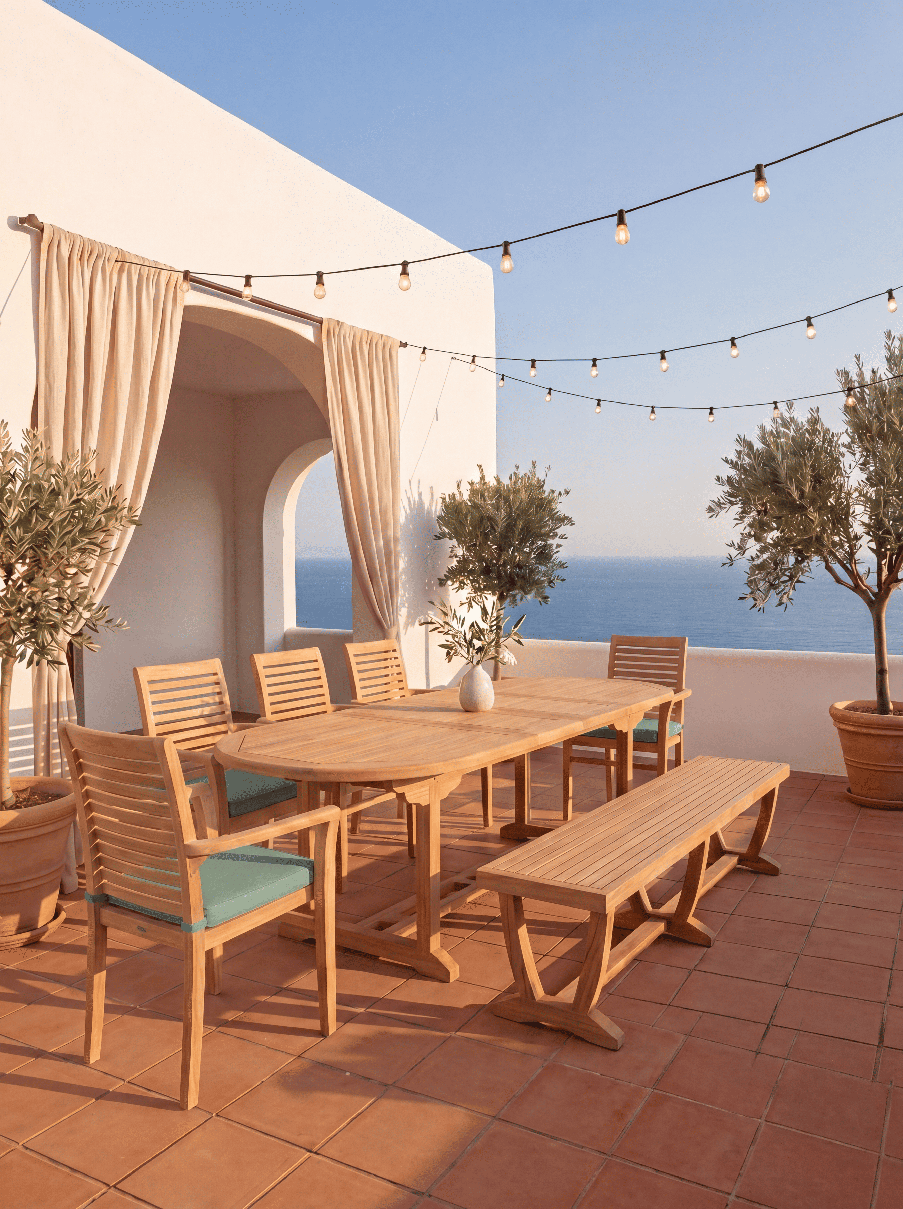 Teak Belgrave 8 Seater Extendable Table 1.8m-2.4m (4cm Thick Top) with 5 Teak Belgrave Stacking Chairs & 1× 3-Seater Burnham Bench (Garden / Outdoor Dining Set)