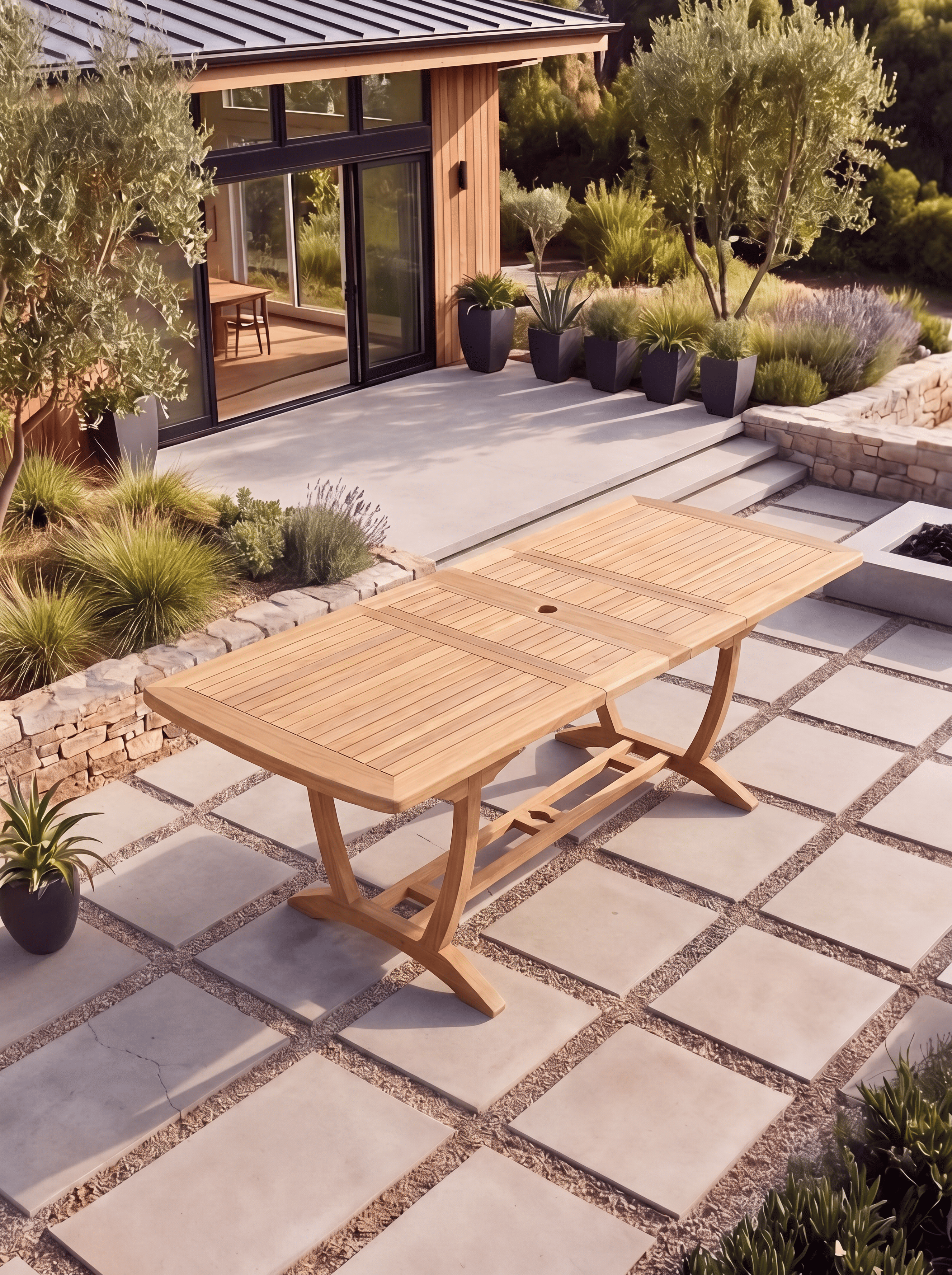 Teak Burnham 8 Seater Extendable Table 1.8m-2.4m (4cm Thick Top) with 5 Teak Burnham Stacking Chairs & 1× 3-Seater Burnham Bench (Garden / Outdoor Dining Set)