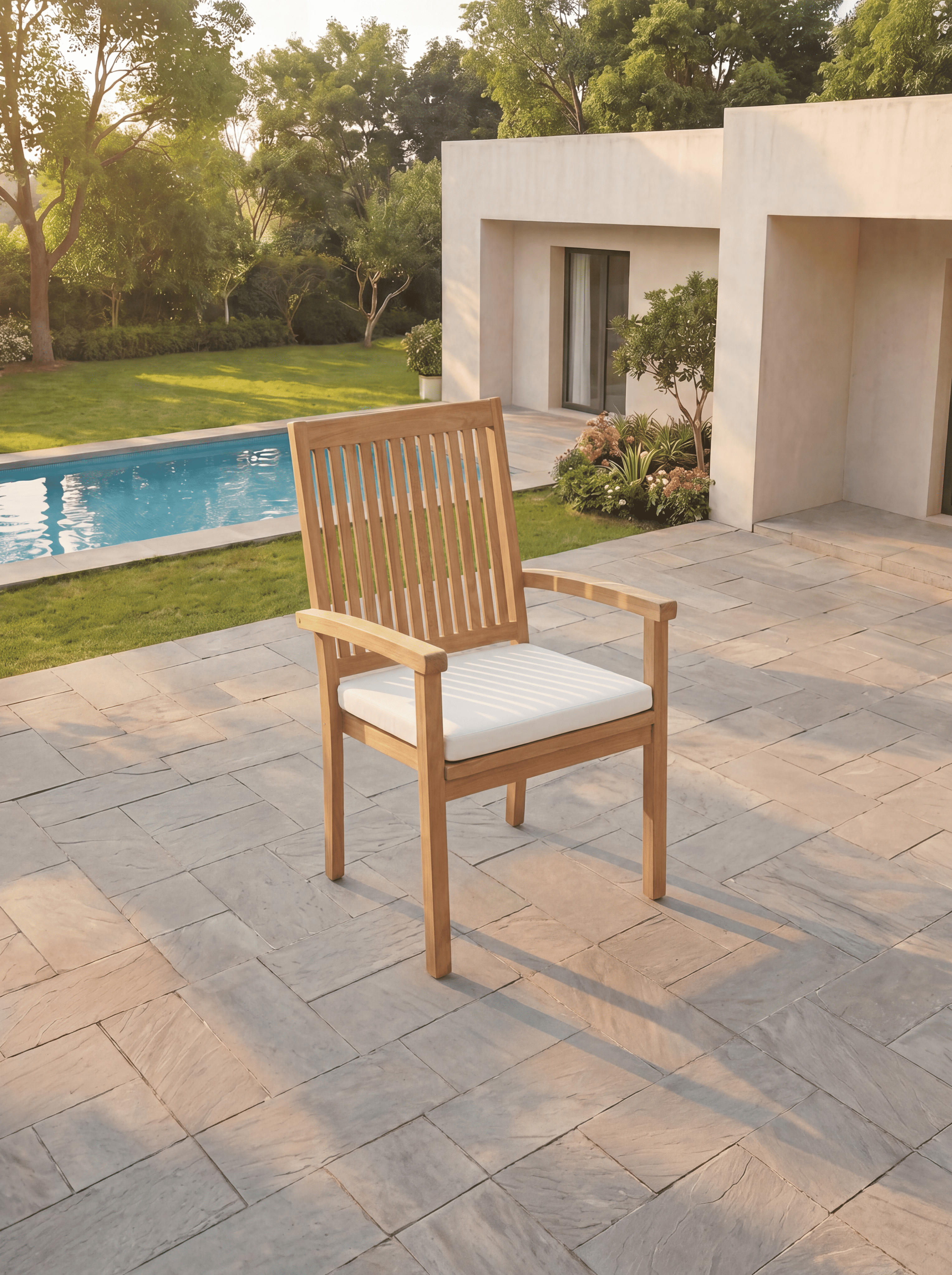 Teak Belgrave 8 Seater Extendable Table 1.8m-2.4m (4cm Thick Top) with 5 Teak Burnham Stacking Chairs & 1× 3-Seater Burnham Bench (Garden / Outdoor Dining Set)