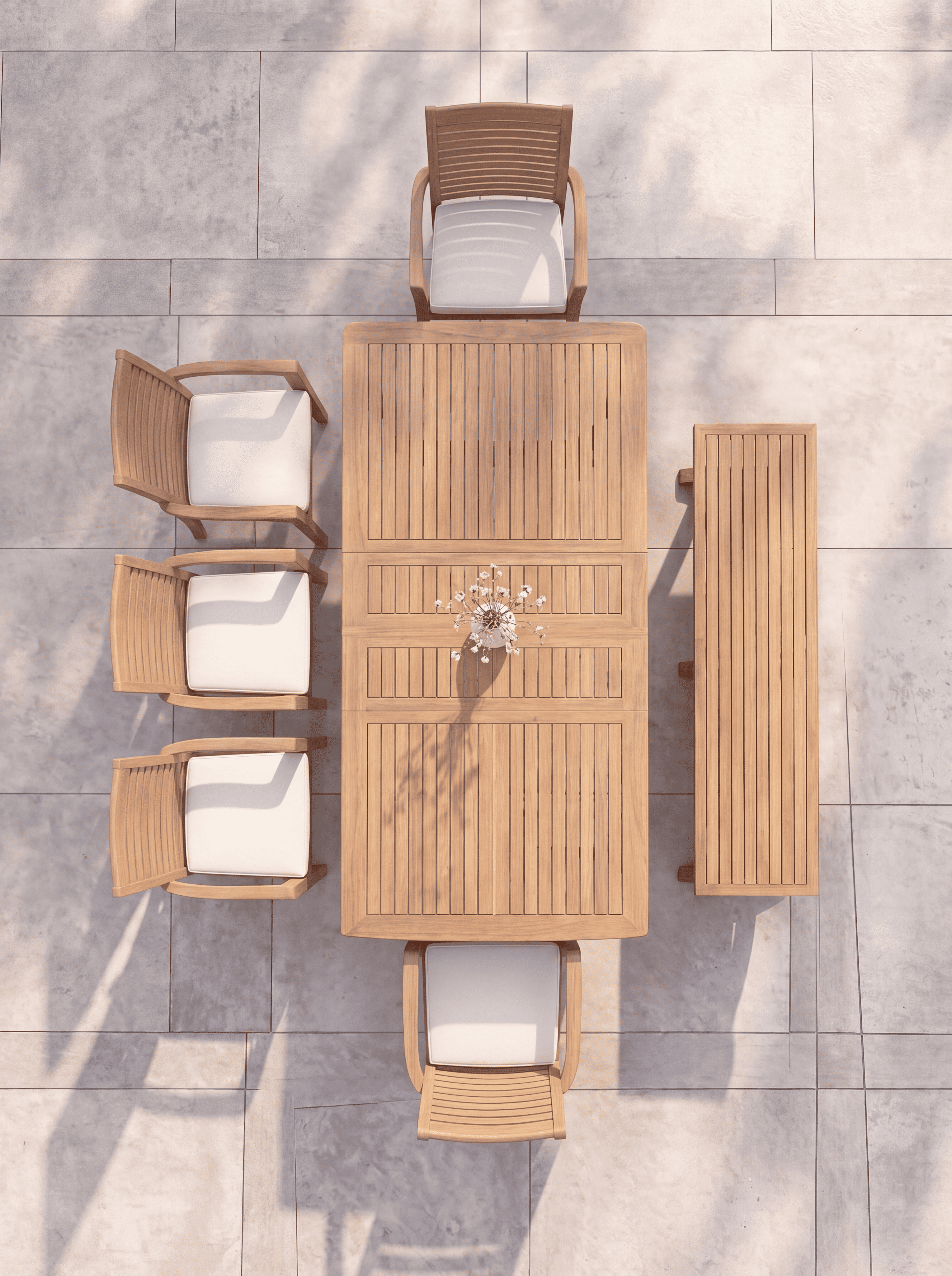 Teak Burnham 8 Seater Extendable Table 1.8m-2.4m (4cm Thick Top) with 5 Teak Belgrave Stacking Chairs & 1× 3-Seater Burnham Bench (Garden / Outdoor Dining Set)