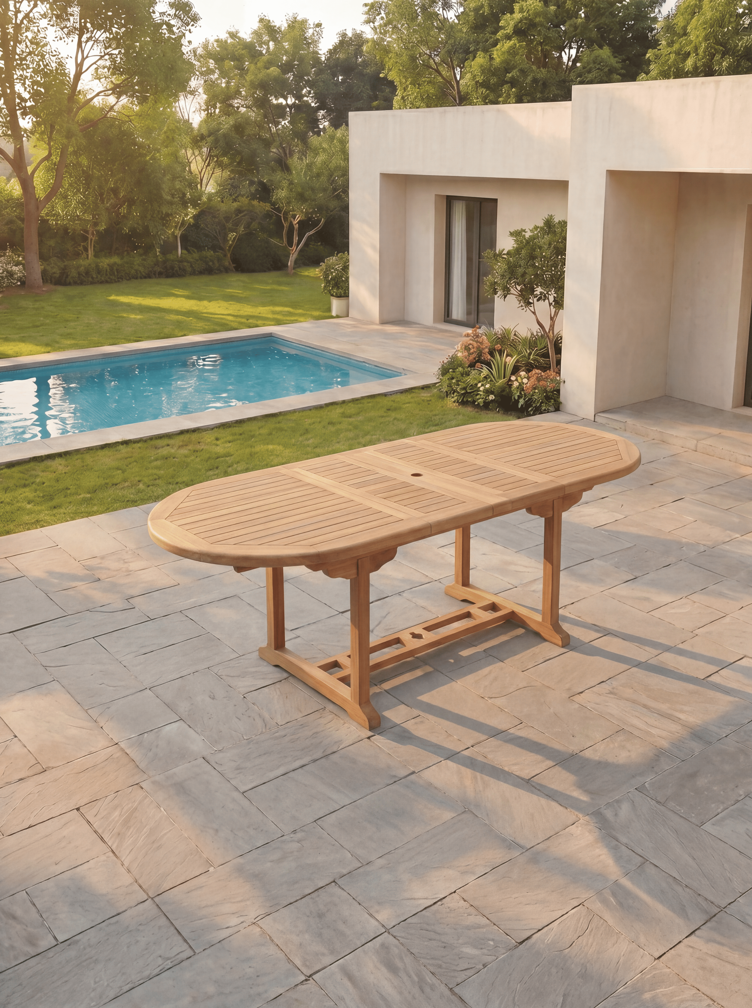 Teak Belgrave 8 Seater Extendable Table 1.8m-2.4m (4cm Thick Top) with 5 Teak Burnham Stacking Chairs & 1× 3-Seater Burnham Bench (Garden / Outdoor Dining Set)