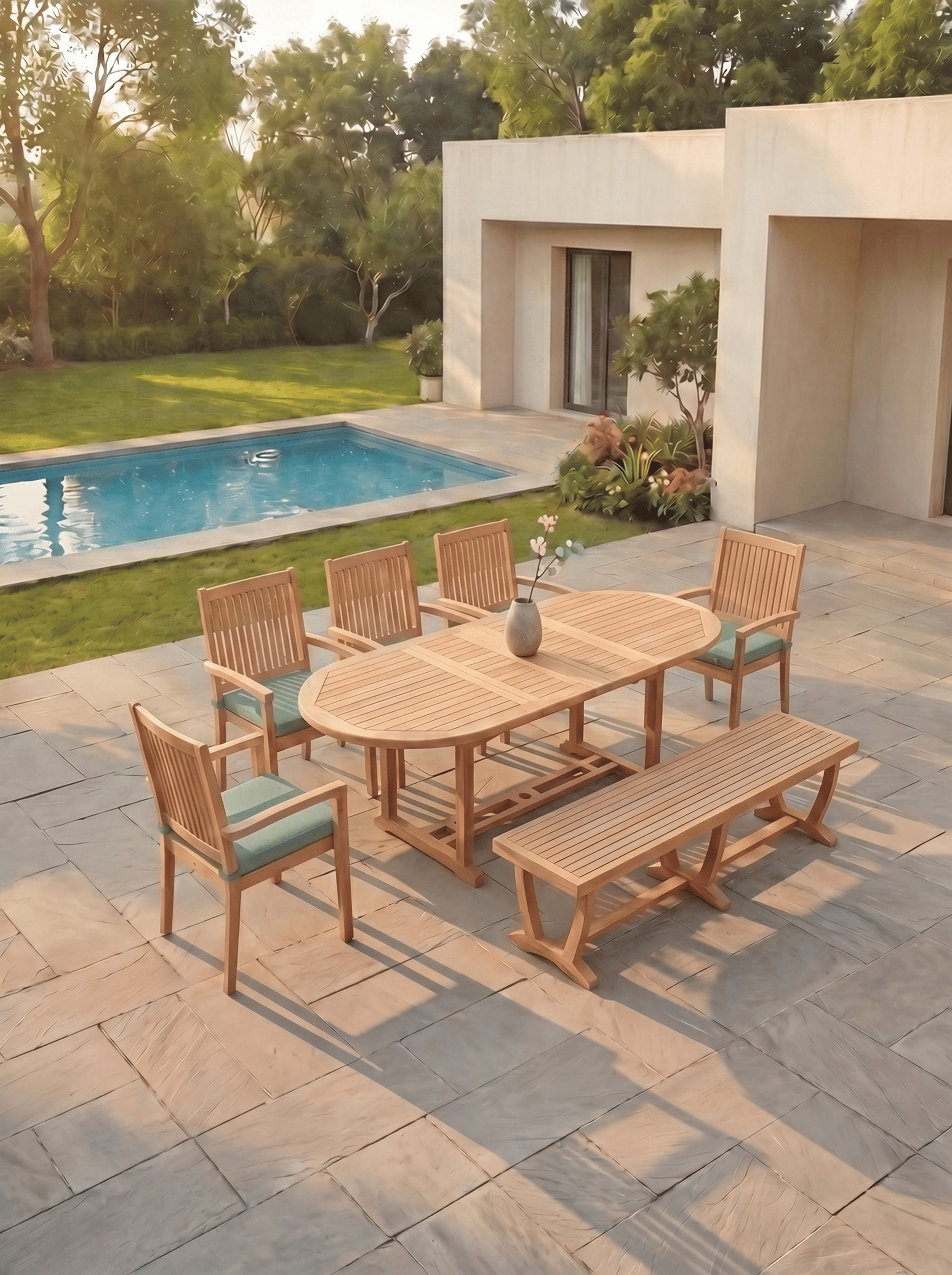 Teak Belgrave 8 Seater Extendable Table 1.8m-2.4m (4cm Thick Top) with 5 Teak Burnham Stacking Chairs & 1× 3-Seater Burnham Bench (Garden / Outdoor Dining Set)