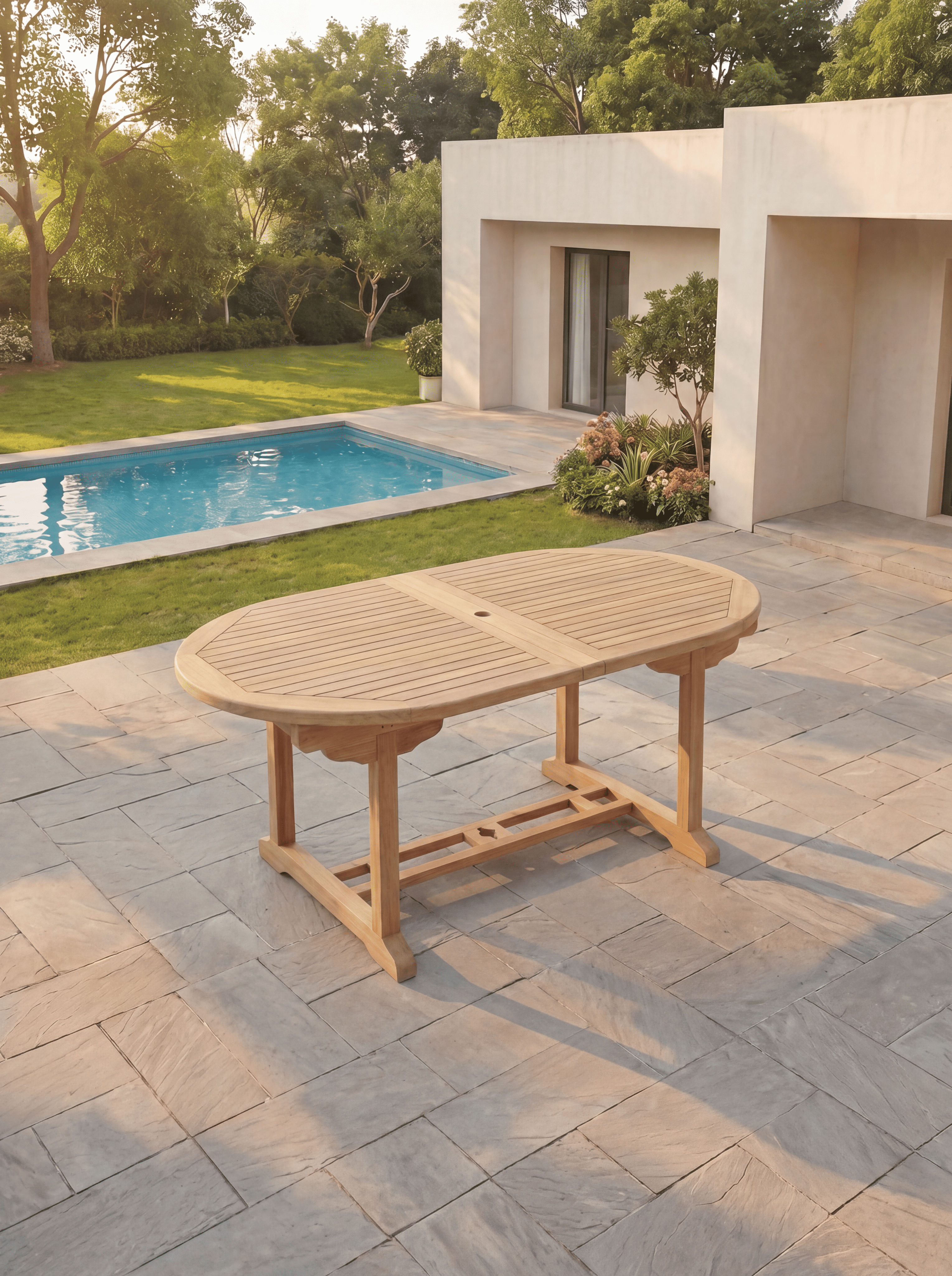 Teak Belgrave 8 Seater Extendable Table 1.8m-2.4m (4cm Thick Top) with 5 Teak Burnham Stacking Chairs & 1× 3-Seater Burnham Bench (Garden / Outdoor Dining Set)