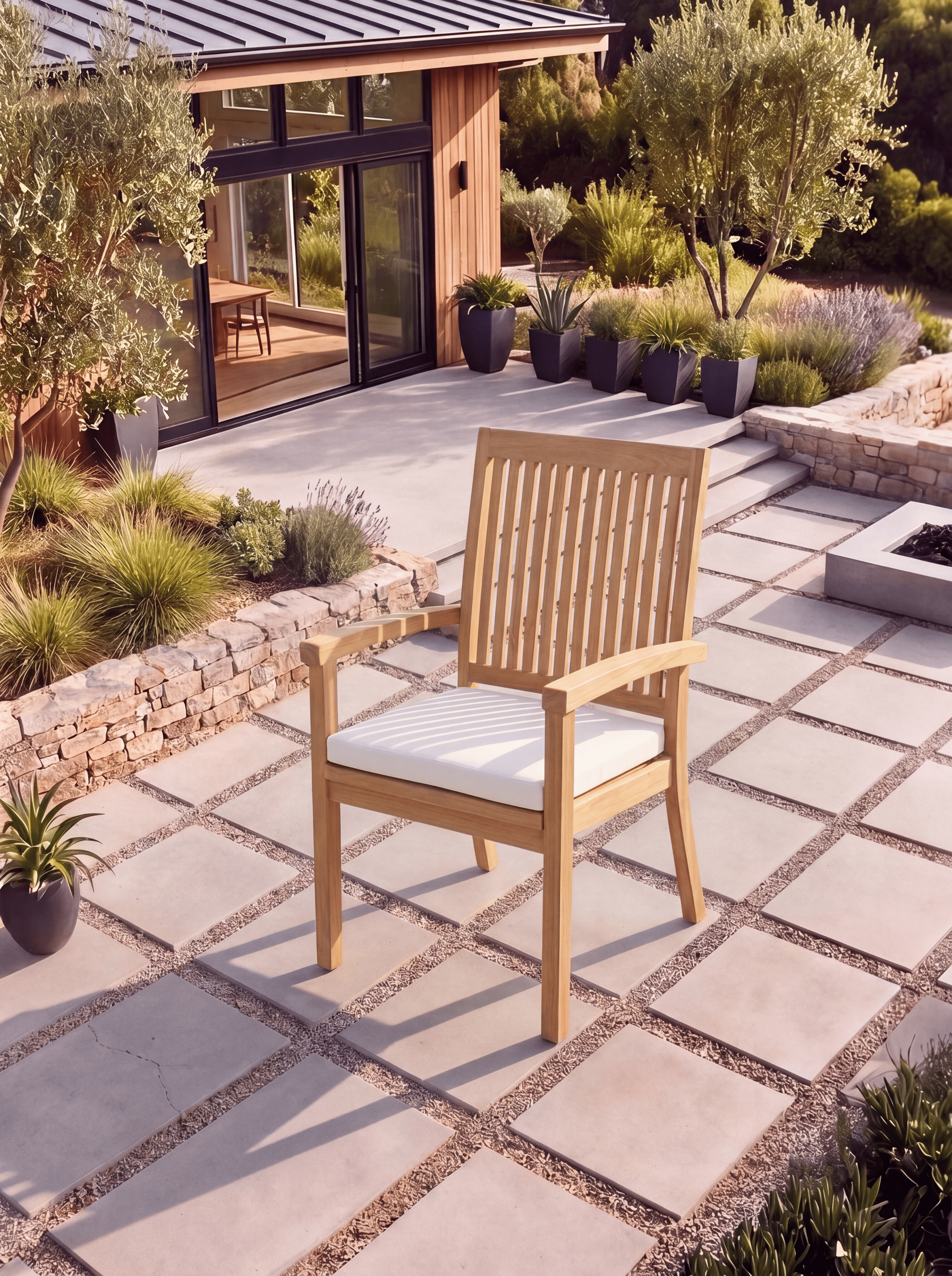 Teak Burnham 8 Seater Extendable Table 1.8m-2.4m (4cm Thick Top) with 5 Teak Burnham Stacking Chairs & 1× 3-Seater Burnham Bench (Garden / Outdoor Dining Set)