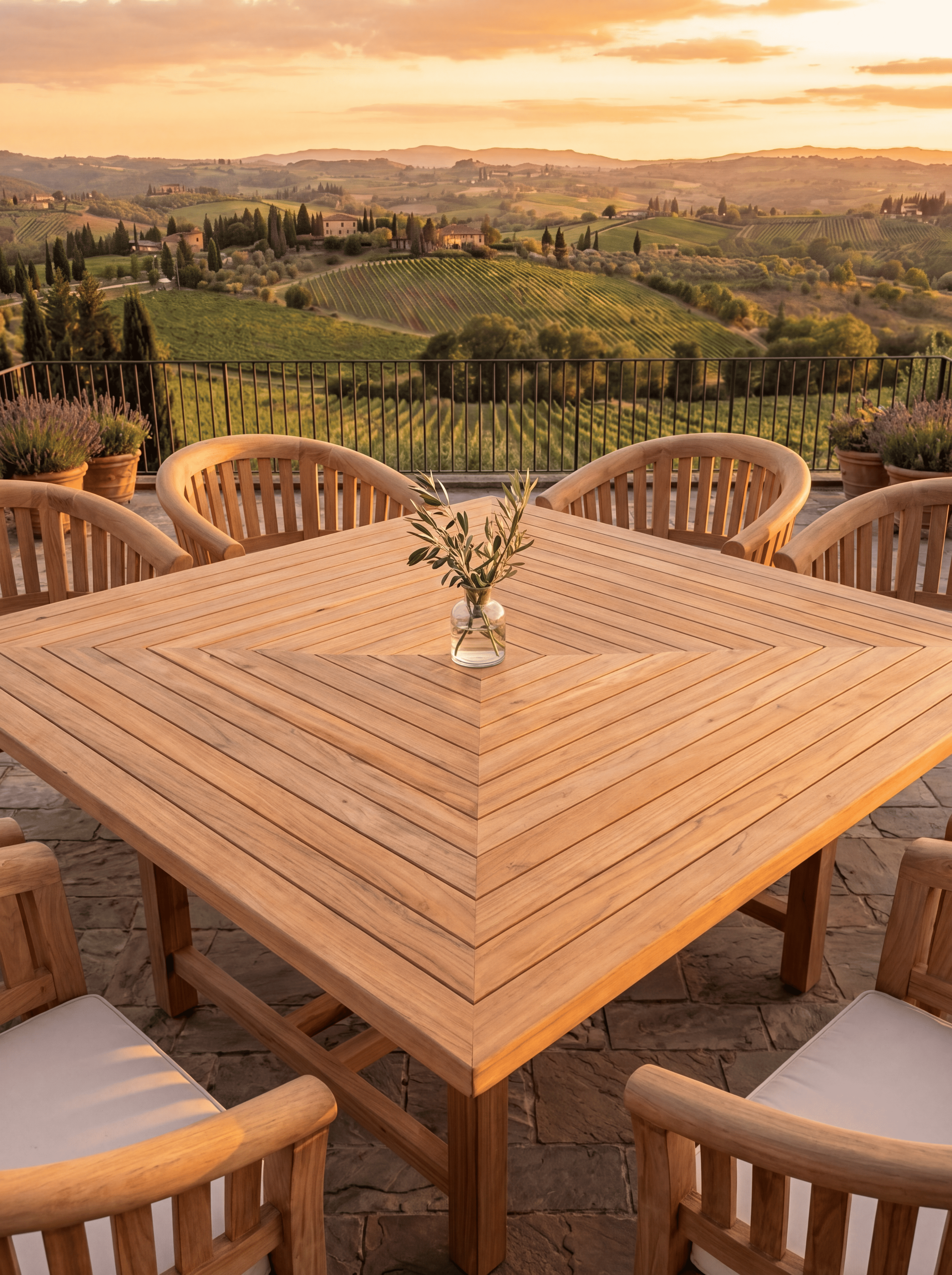 Teak Square 8 Seater 1.5m (4cm Thick Top) with 8 Teak Banana Chairs Vertical Slats (Garden / Outdoor Dining Set)