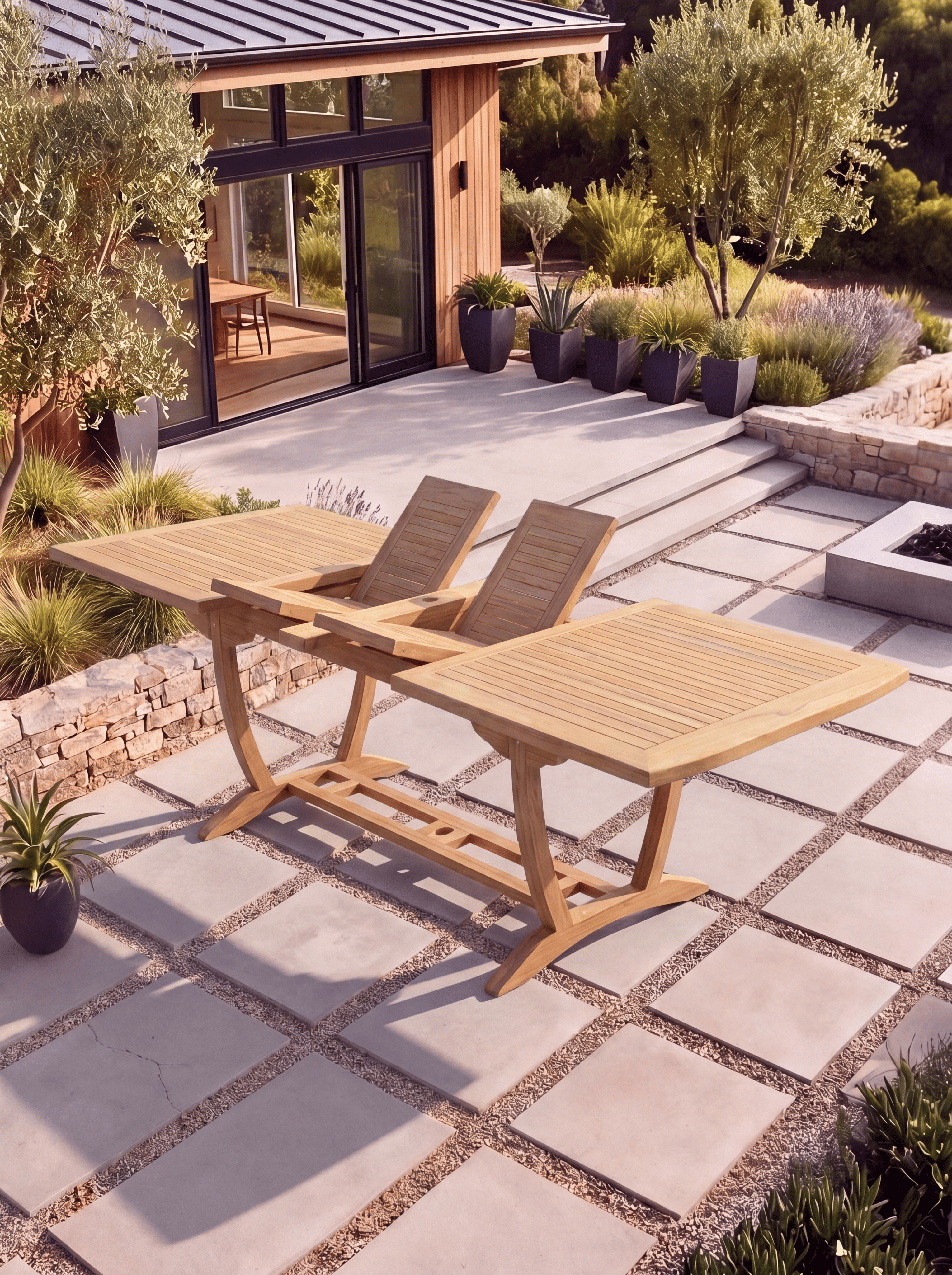 Teak Burnham 8 Seater Extendable Table 1.8m-2.4m (4cm Thick Top) with 5 Teak Burnham Stacking Chairs & 1× 3-Seater Burnham Bench (Garden / Outdoor Dining Set)