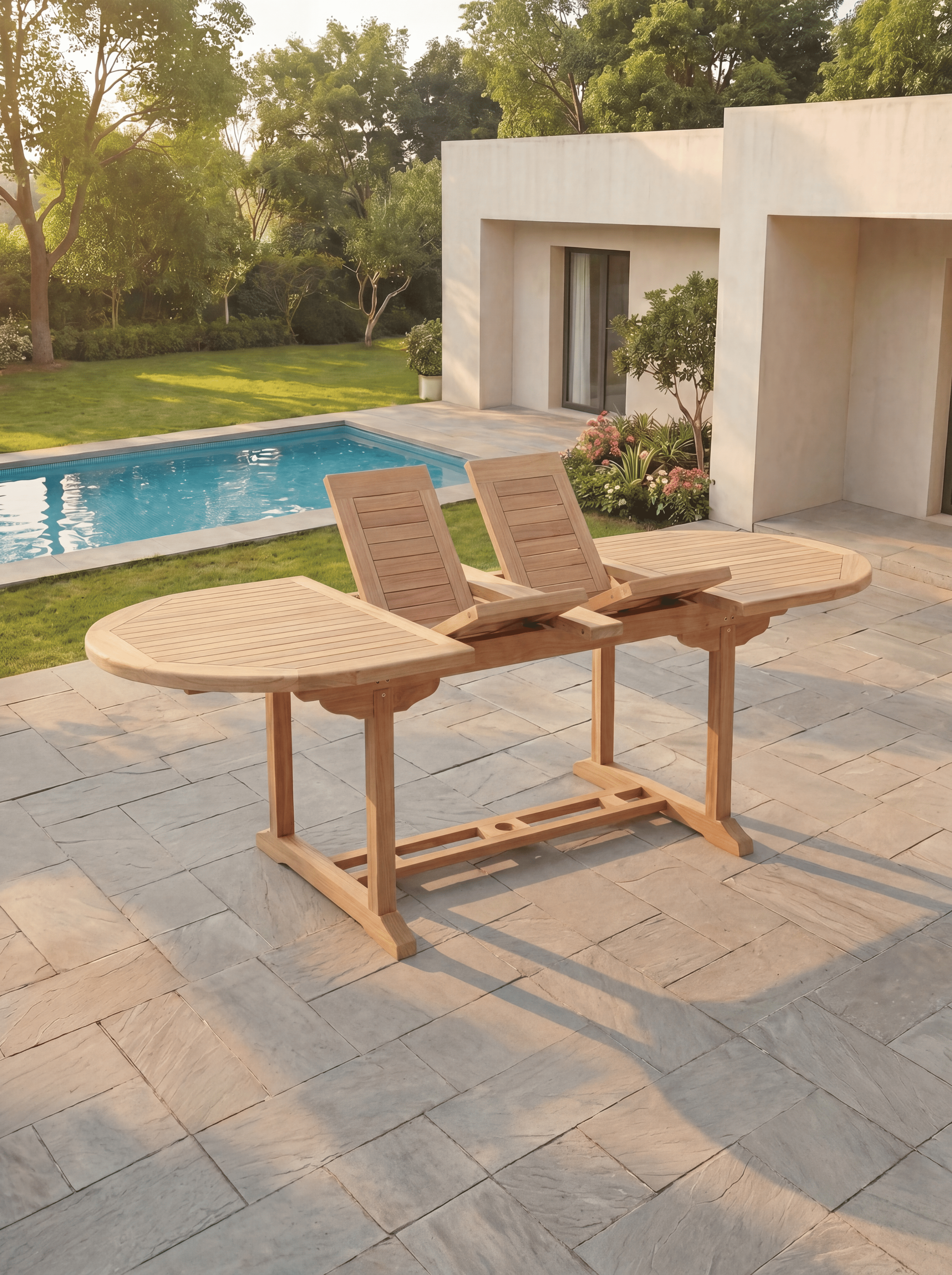 Teak Belgrave 8 Seater Extendable Table 1.8m-2.4m (4cm Thick Top) with 5 Teak Burnham Stacking Chairs & 1× 3-Seater Burnham Bench (Garden / Outdoor Dining Set)