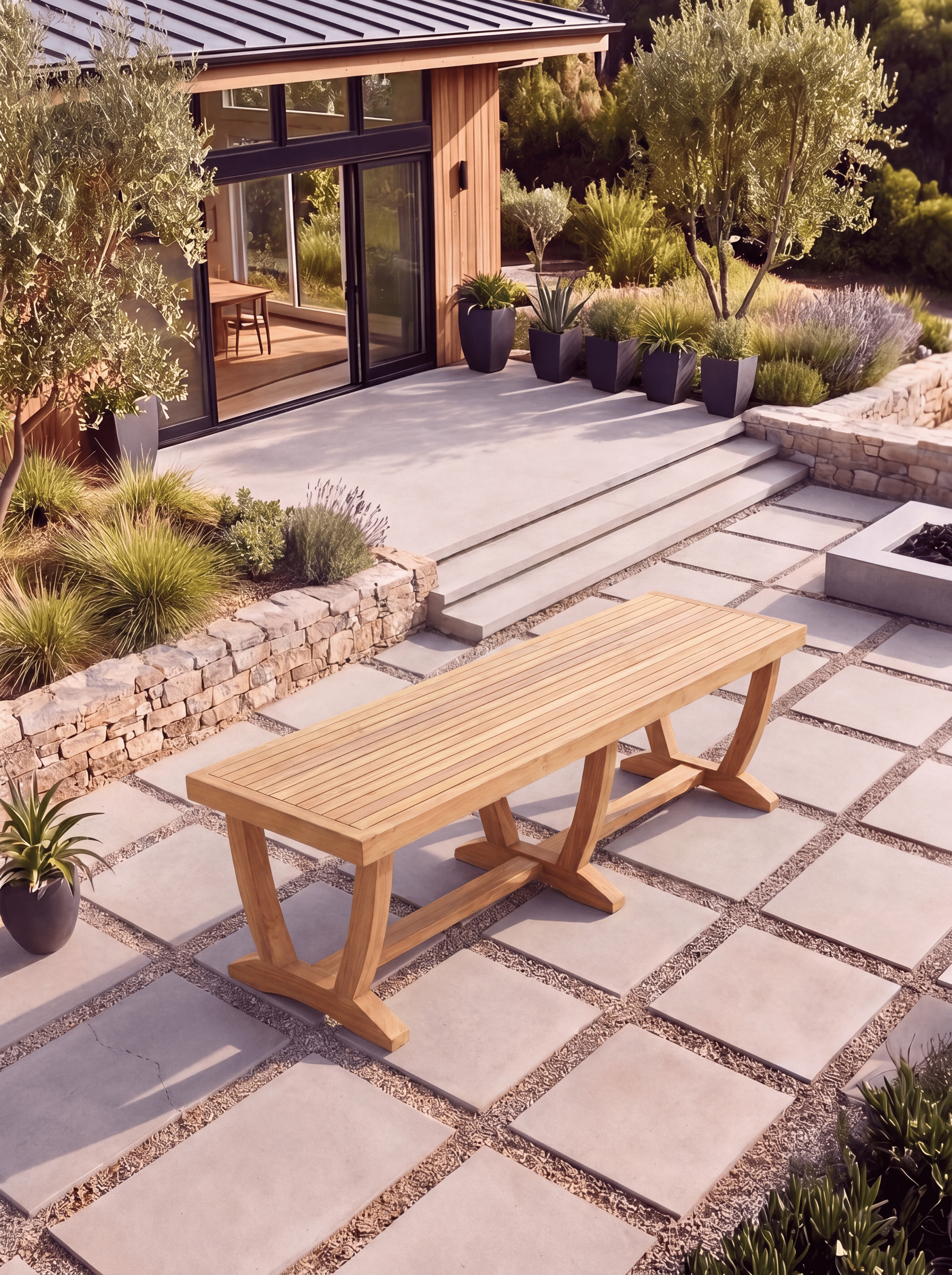 Teak Burnham 8 Seater Extendable Table 1.8m-2.4m (4cm Thick Top) with 5 Teak Burnham Stacking Chairs & 1× 3-Seater Burnham Bench (Garden / Outdoor Dining Set)