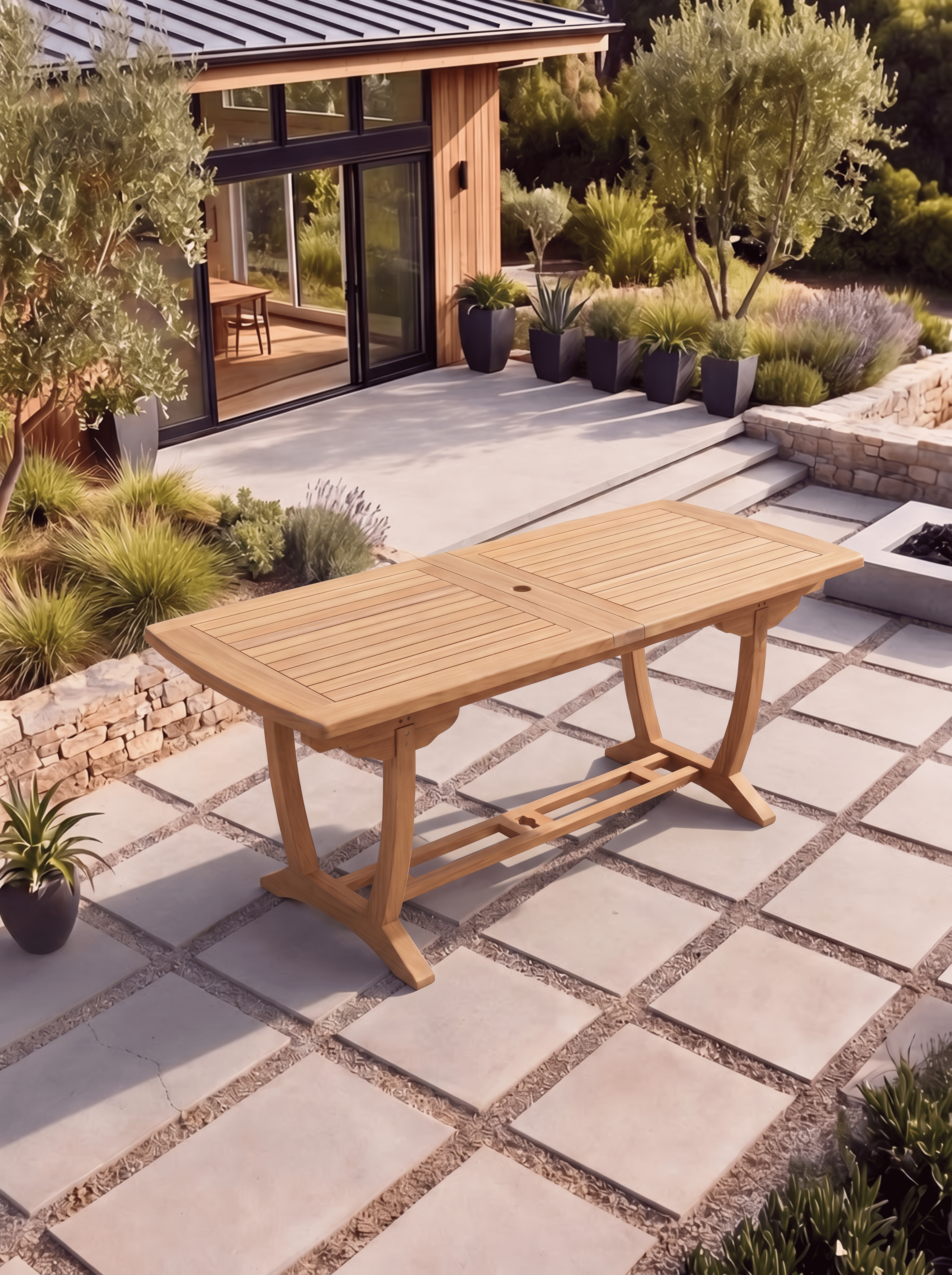 Teak Burnham 8 Seater Extendable Table 1.8m-2.4m (4cm Thick Top) with 5 Teak Burnham Stacking Chairs & 1× 3-Seater Burnham Bench (Garden / Outdoor Dining Set)