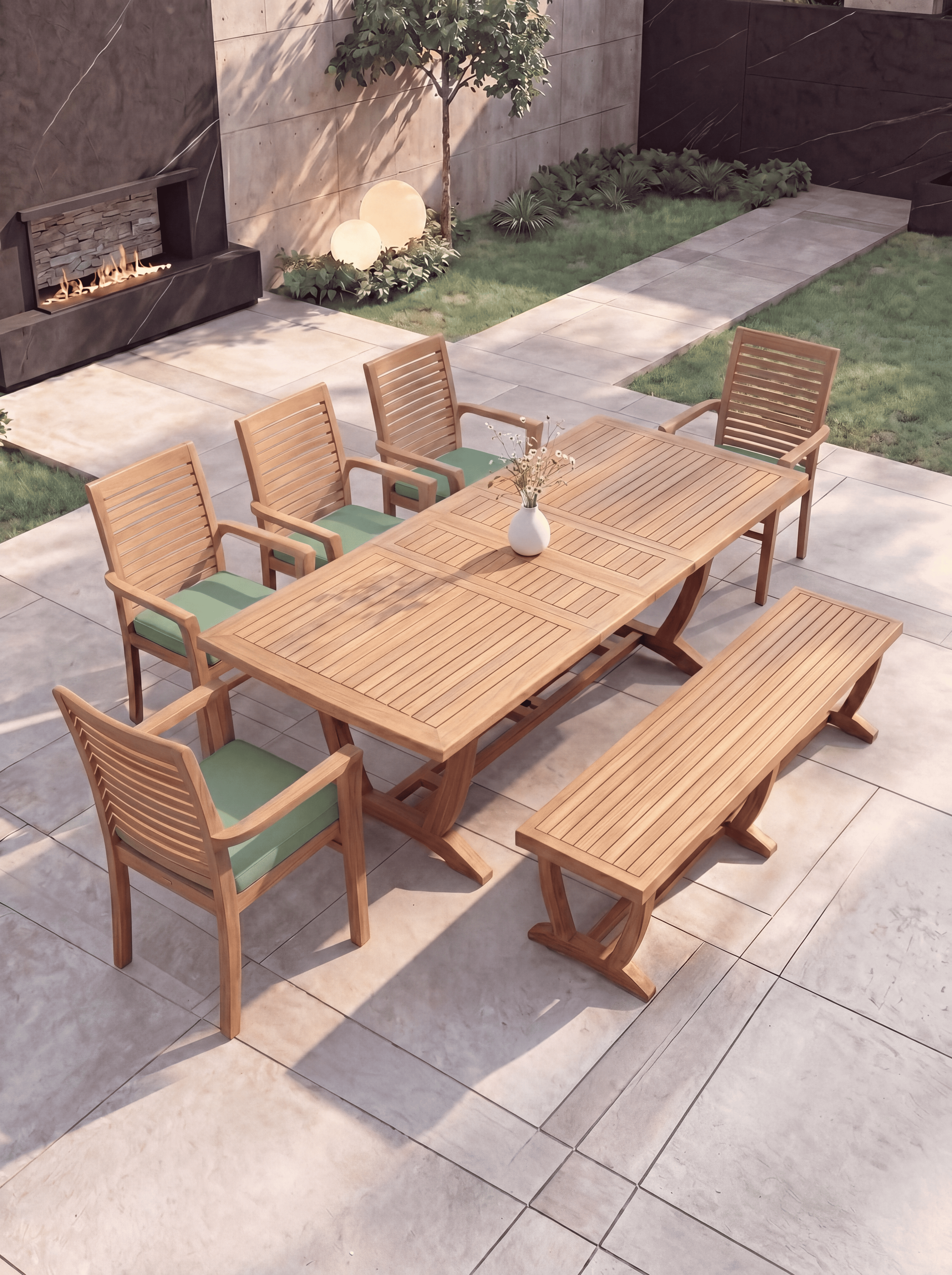 Teak Burnham 8 Seater Extendable Table 1.8m-2.4m (4cm Thick Top) with 5 Teak Belgrave Stacking Chairs & 1× 3-Seater Burnham Bench (Garden / Outdoor Dining Set)