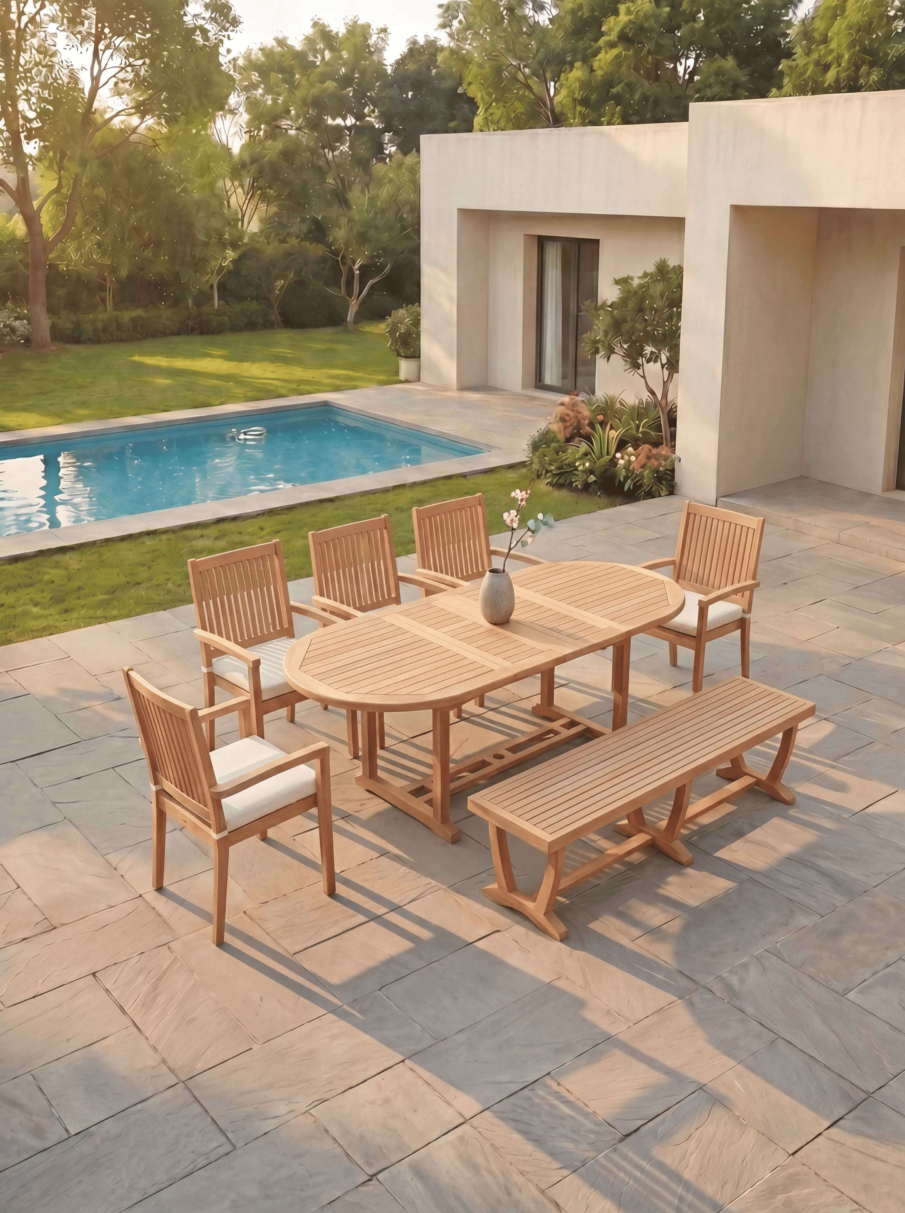Teak Belgrave 8 Seater Extendable Table 1.8m-2.4m (4cm Thick Top) with 5 Teak Burnham Stacking Chairs & 1× 3-Seater Burnham Bench (Garden / Outdoor Dining Set)