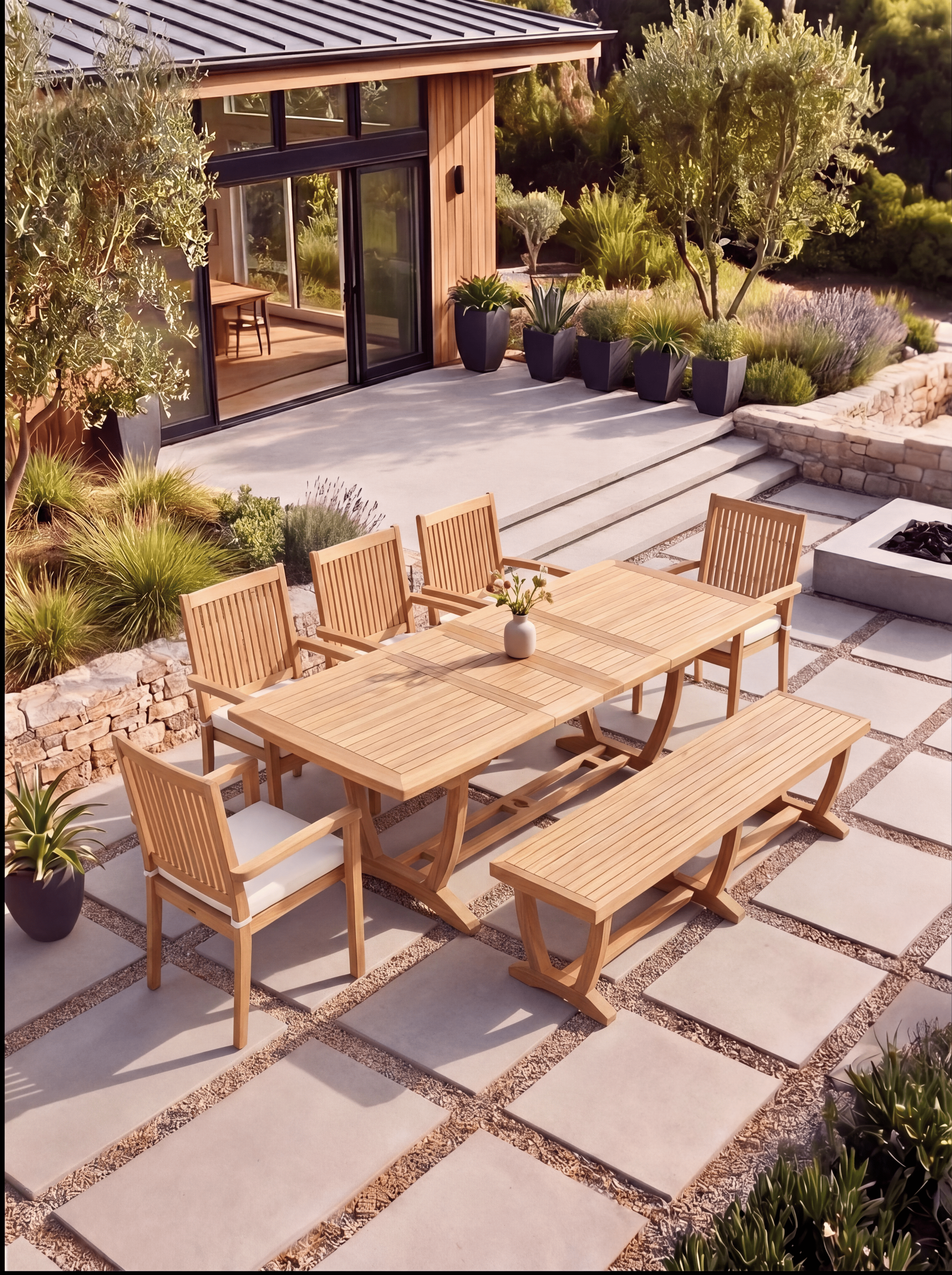Teak Burnham 8 Seater Extendable Table 1.8m-2.4m (4cm Thick Top) with 5 Teak Burnham Stacking Chairs & 1× 3-Seater Burnham Bench (Garden / Outdoor Dining Set)