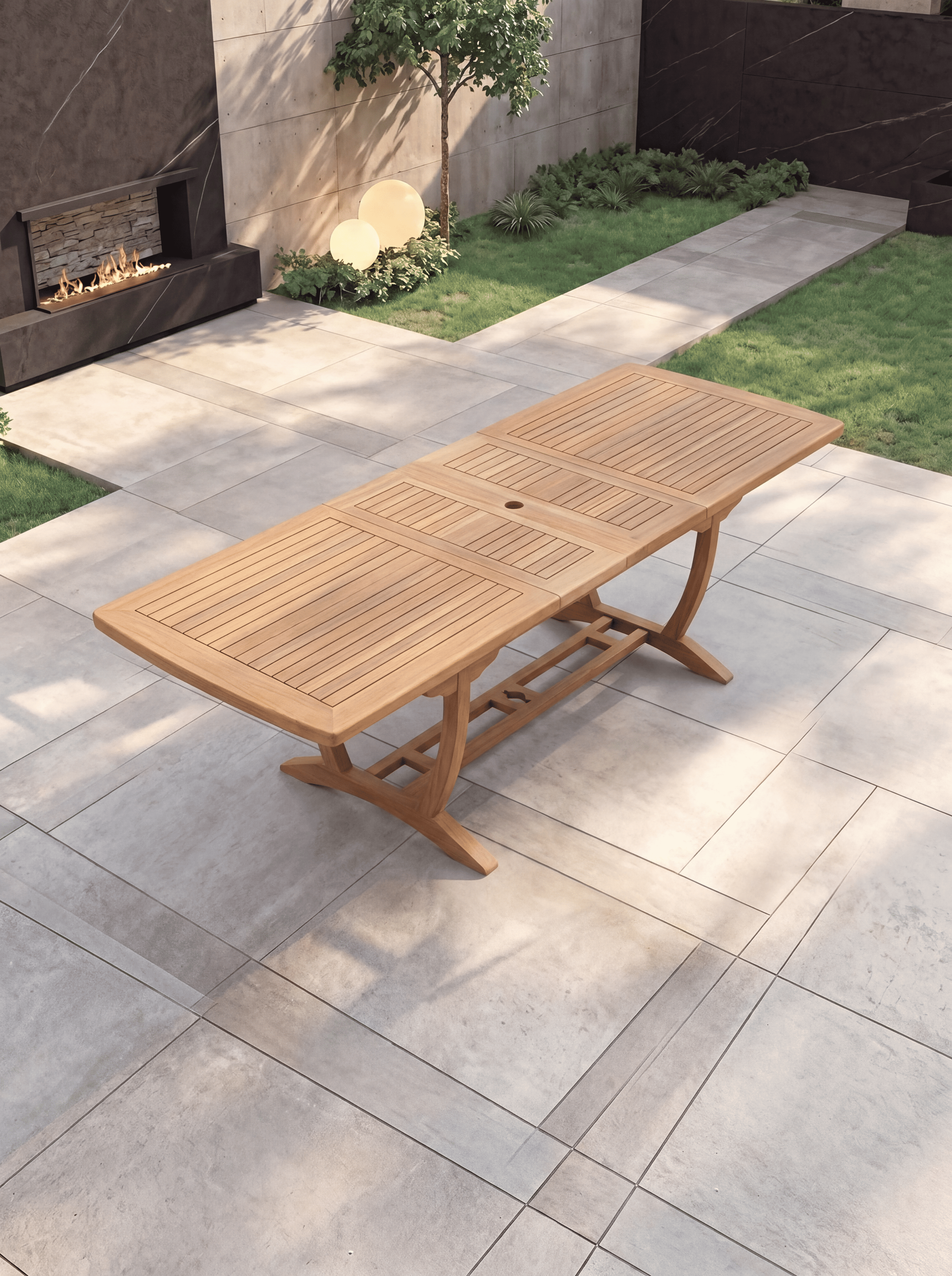Teak Burnham 8 Seater Extendable Table 1.8m-2.4m (4cm Thick Top) with 5 Teak Belgrave Stacking Chairs & 1× 3-Seater Burnham Bench (Garden / Outdoor Dining Set)
