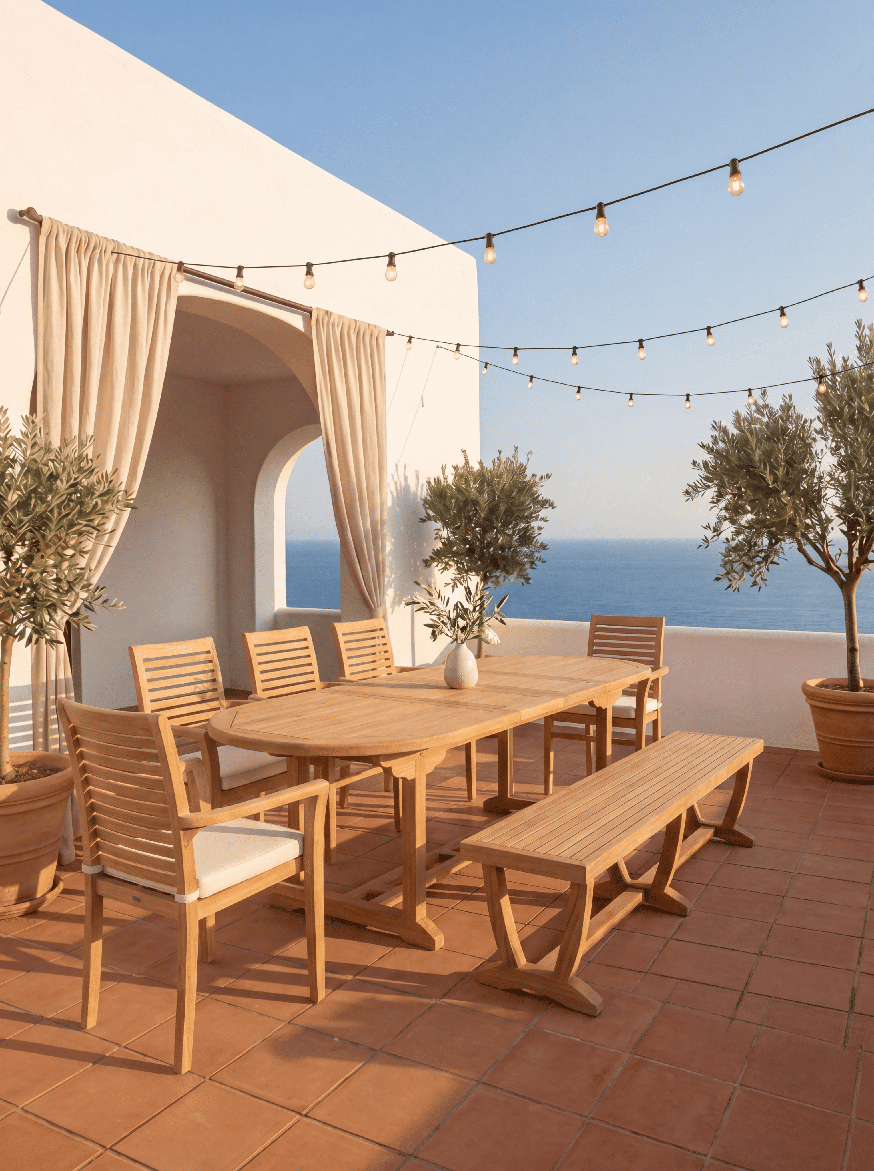 Teak Belgrave 8 Seater Extendable Table 1.8m-2.4m (4cm Thick Top) with 5 Teak Belgrave Stacking Chairs & 1× 3-Seater Burnham Bench (Garden / Outdoor Dining Set)