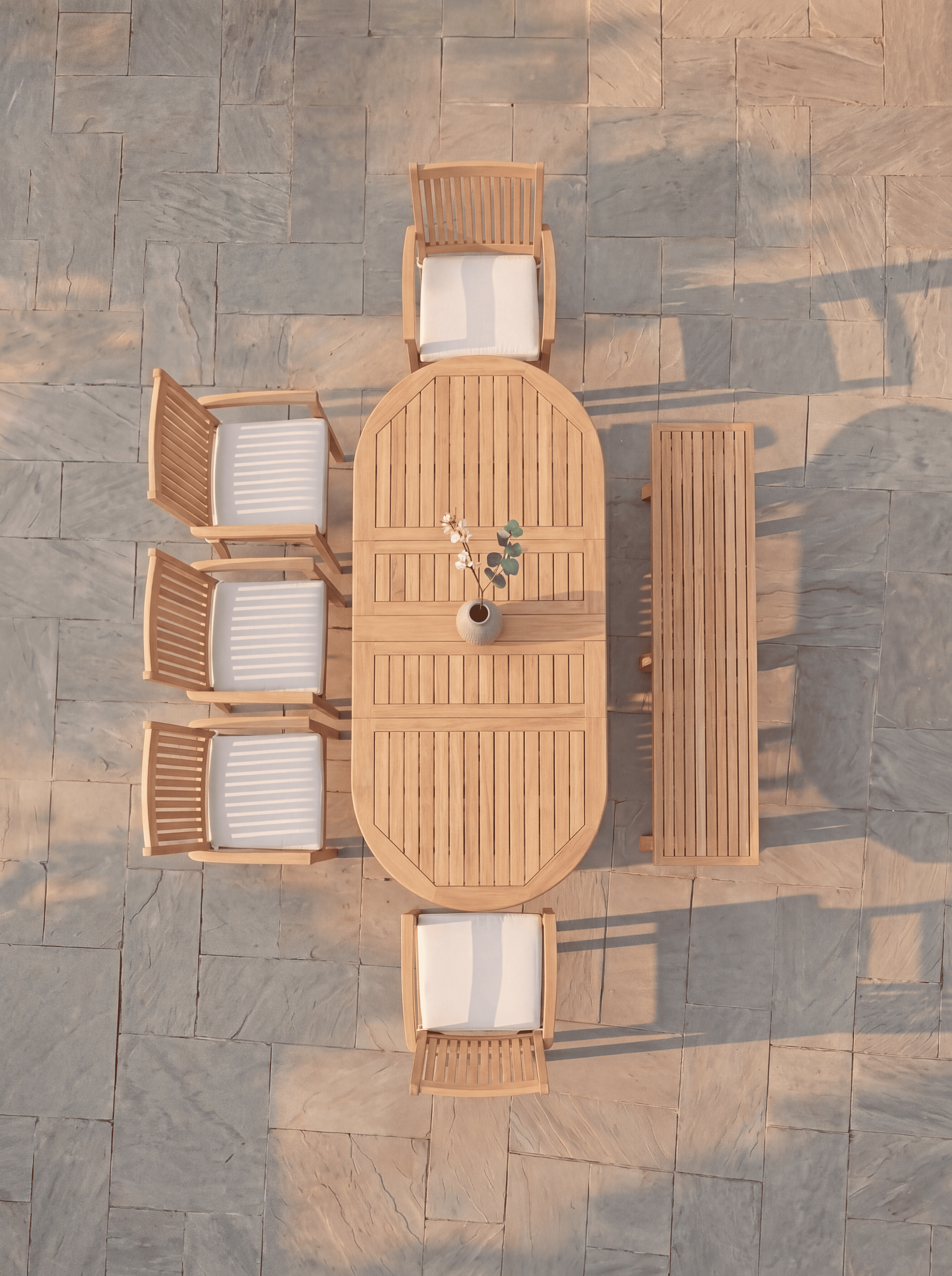 Teak Belgrave 8 Seater Extendable Table 1.8m-2.4m (4cm Thick Top) with 5 Teak Burnham Stacking Chairs & 1× 3-Seater Burnham Bench (Garden / Outdoor Dining Set)