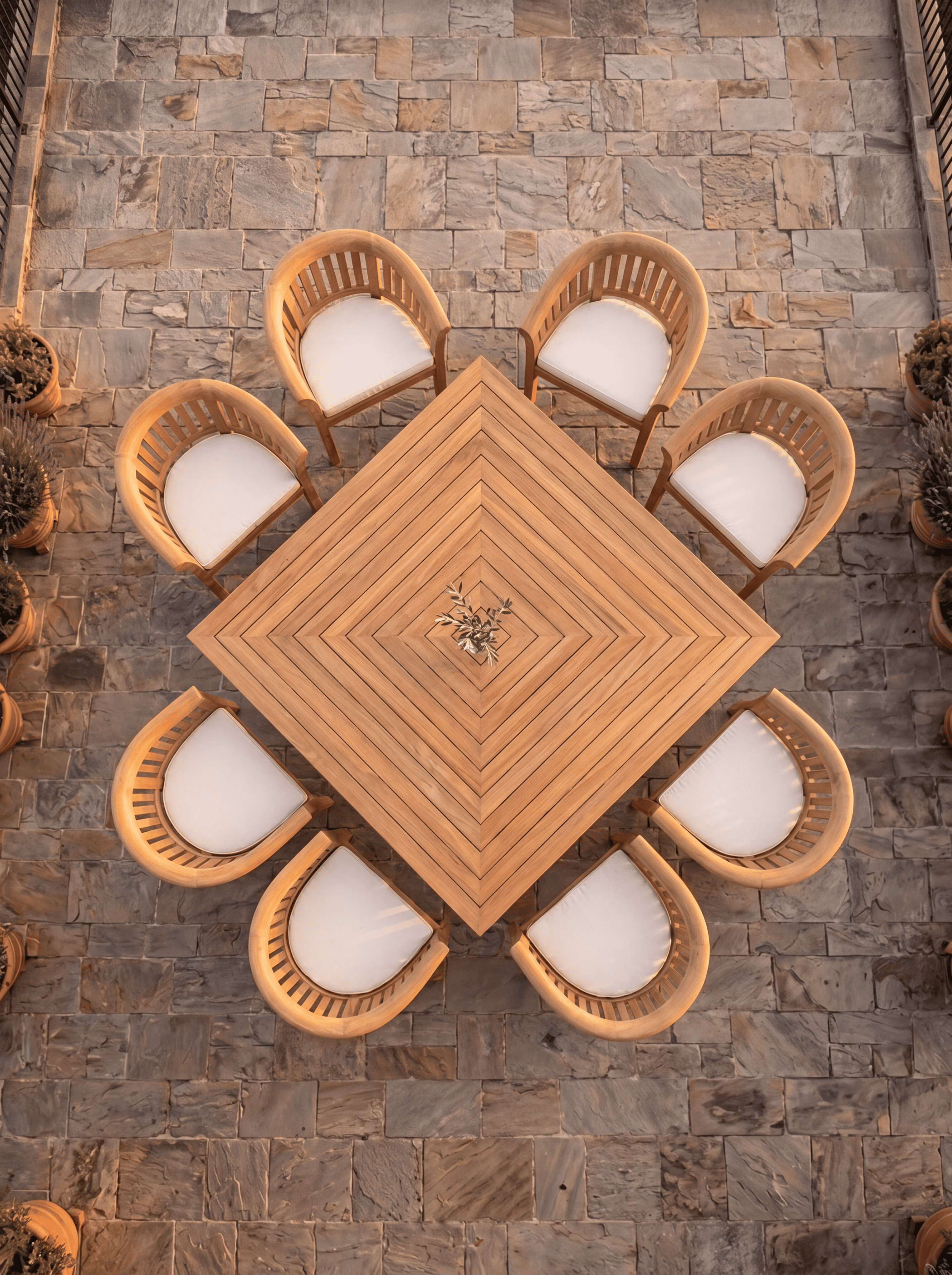 Teak Square 8 Seater 1.5m (4cm Thick Top) with 8 Teak Banana Chairs Vertical Slats (Garden / Outdoor Dining Set)