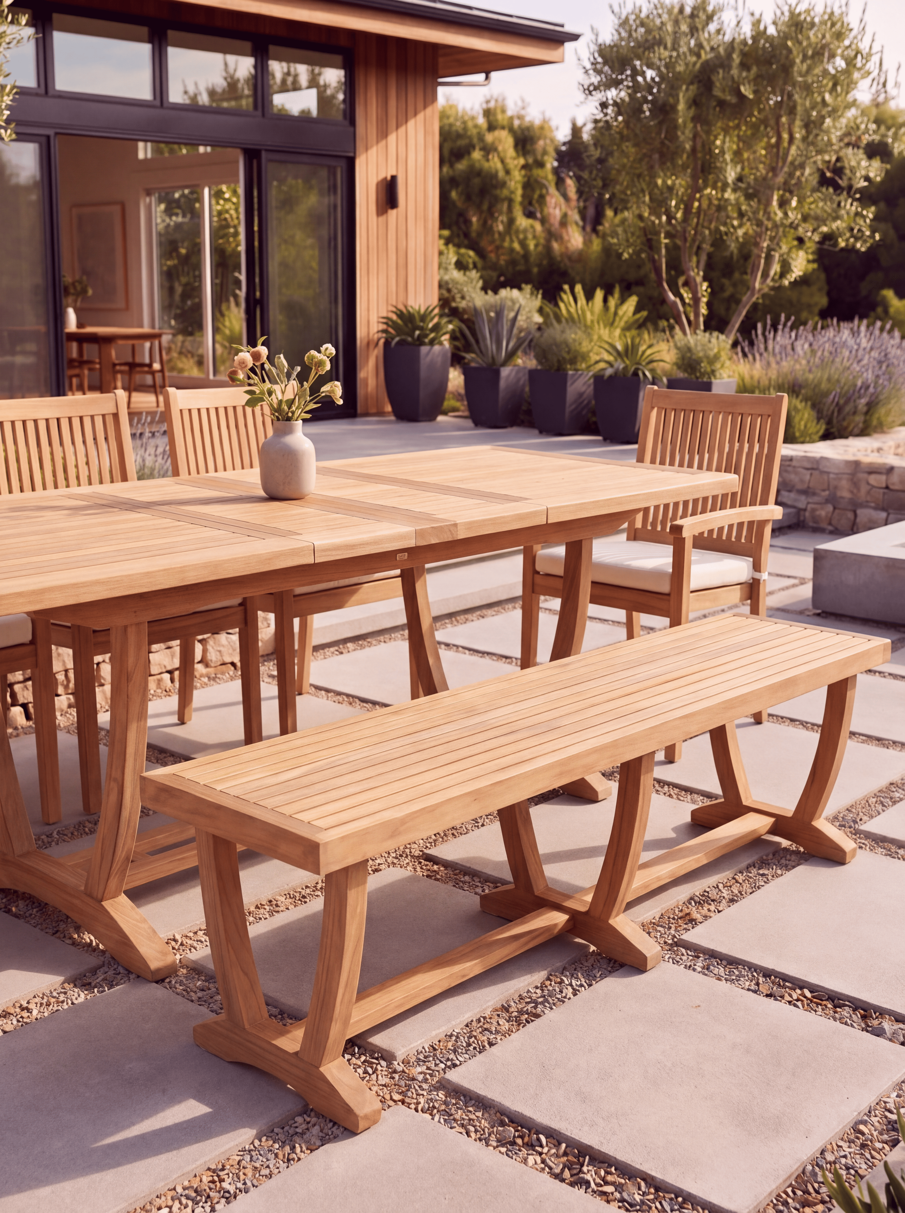 Teak Burnham 8 Seater Extendable Table 1.8m-2.4m (4cm Thick Top) with 5 Teak Burnham Stacking Chairs & 1× 3-Seater Burnham Bench (Garden / Outdoor Dining Set)