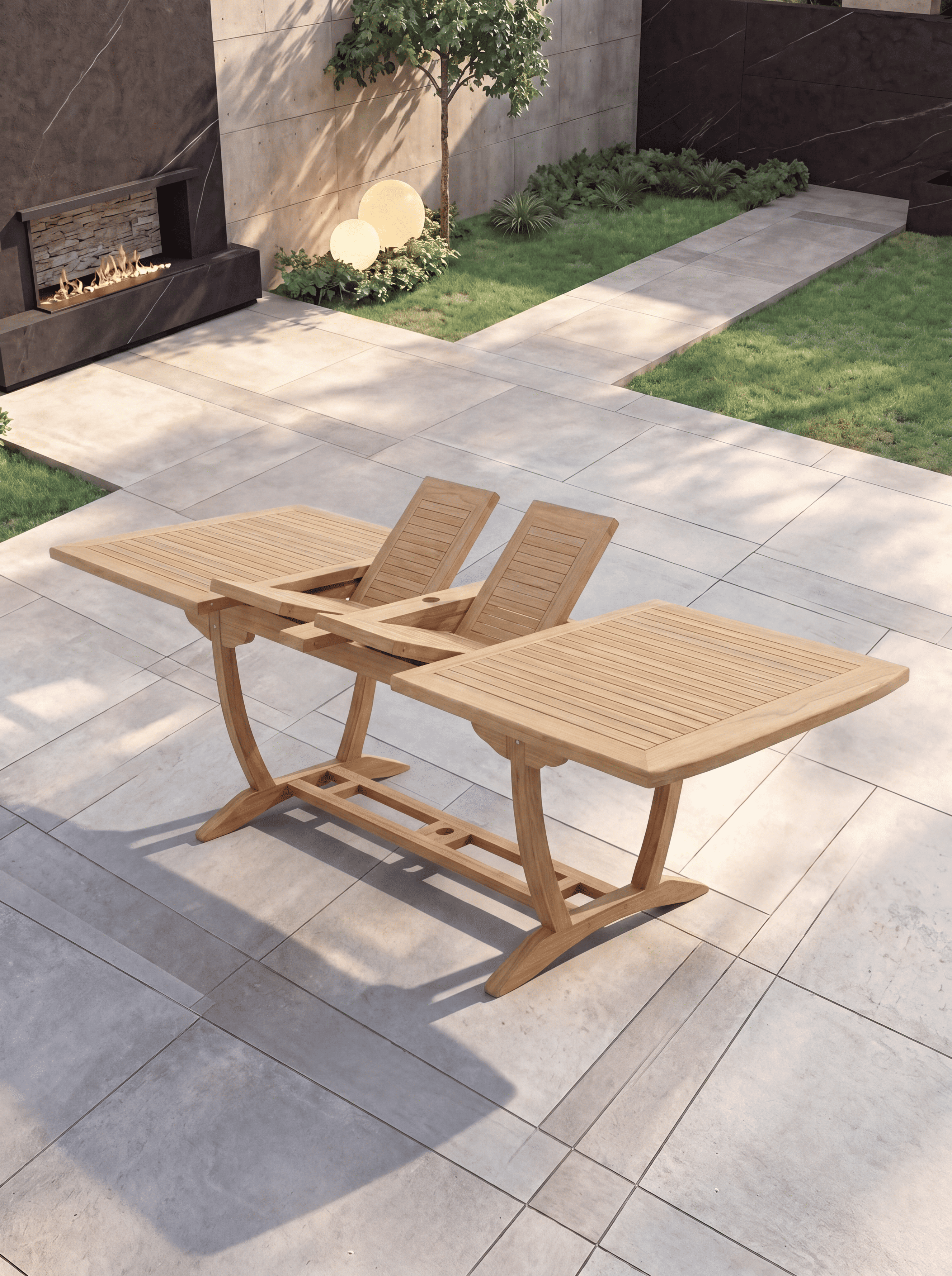 Teak Burnham 8 Seater Extendable Table 1.8m-2.4m (4cm Thick Top) with 5 Teak Belgrave Stacking Chairs & 1× 3-Seater Burnham Bench (Garden / Outdoor Dining Set)