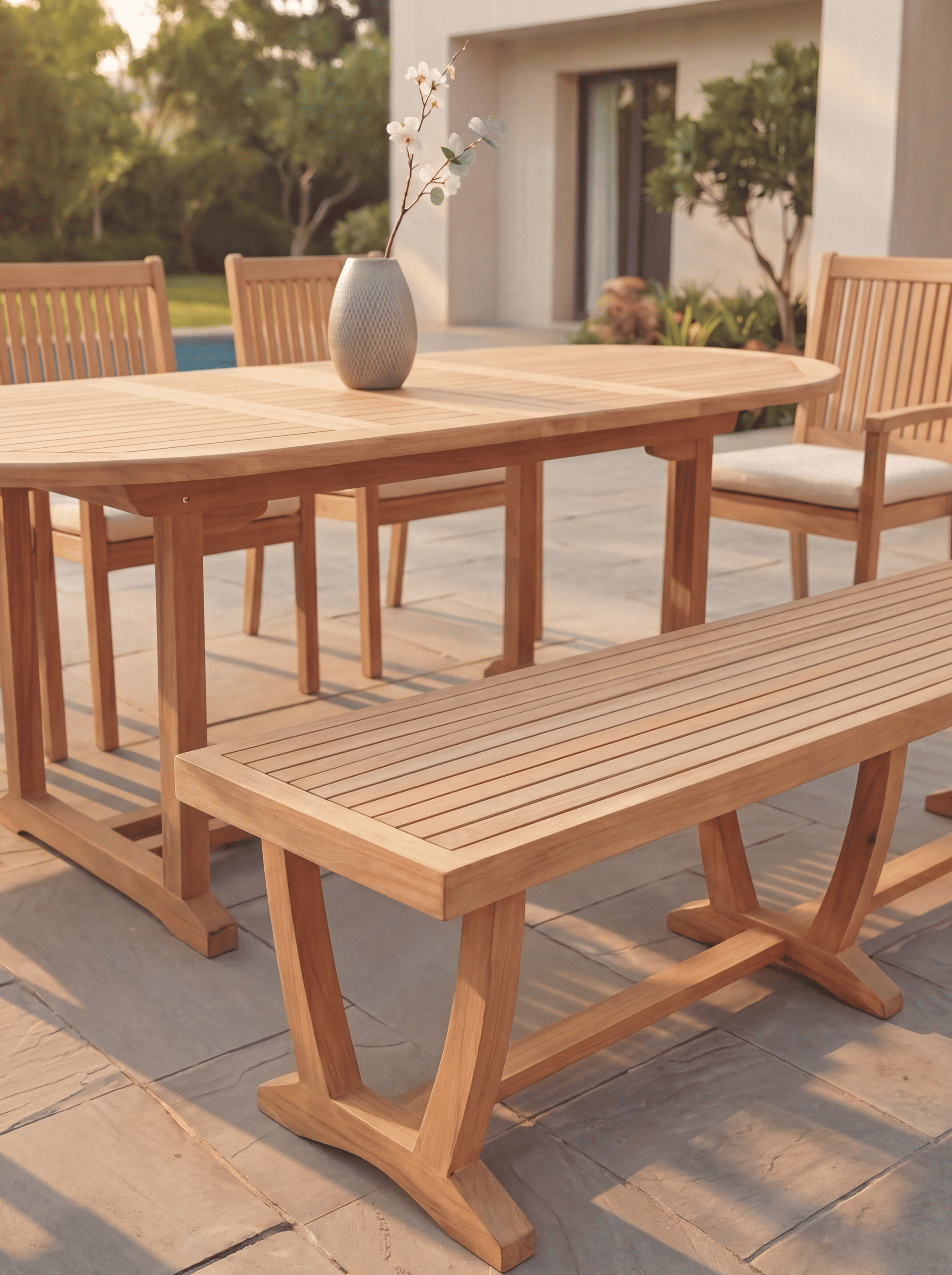 Teak Belgrave 8 Seater Extendable Table 1.8m-2.4m (4cm Thick Top) with 5 Teak Burnham Stacking Chairs & 1× 3-Seater Burnham Bench (Garden / Outdoor Dining Set)