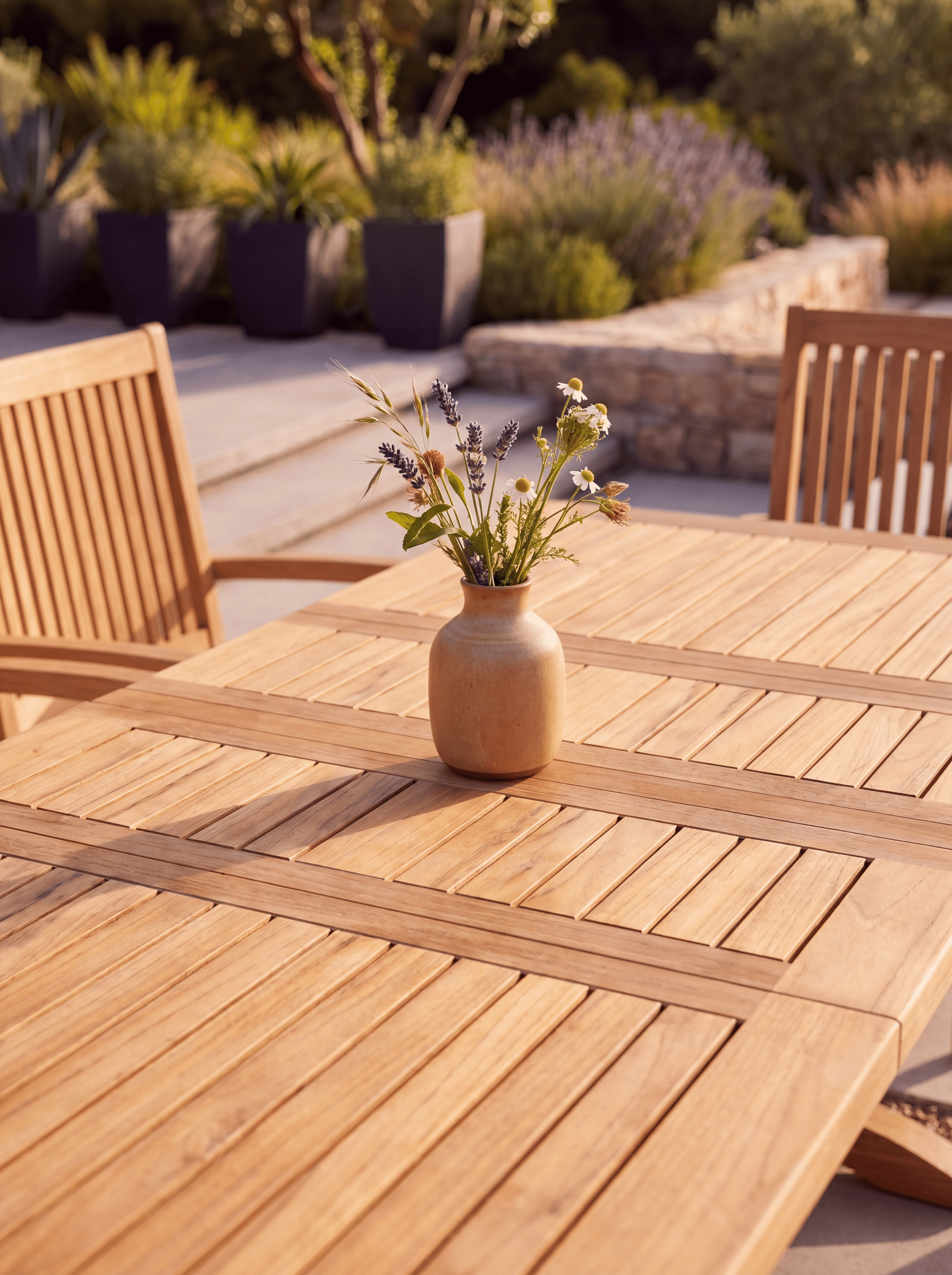Teak Burnham 8 Seater Extendable Table 1.8m-2.4m (4cm Thick Top) with 5 Teak Burnham Stacking Chairs & 1× 3-Seater Burnham Bench (Garden / Outdoor Dining Set)