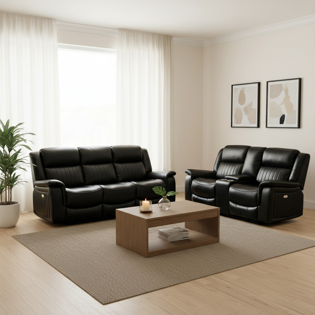 Halmstad Electric / Power Recliner Leather Sofa Set (Black)