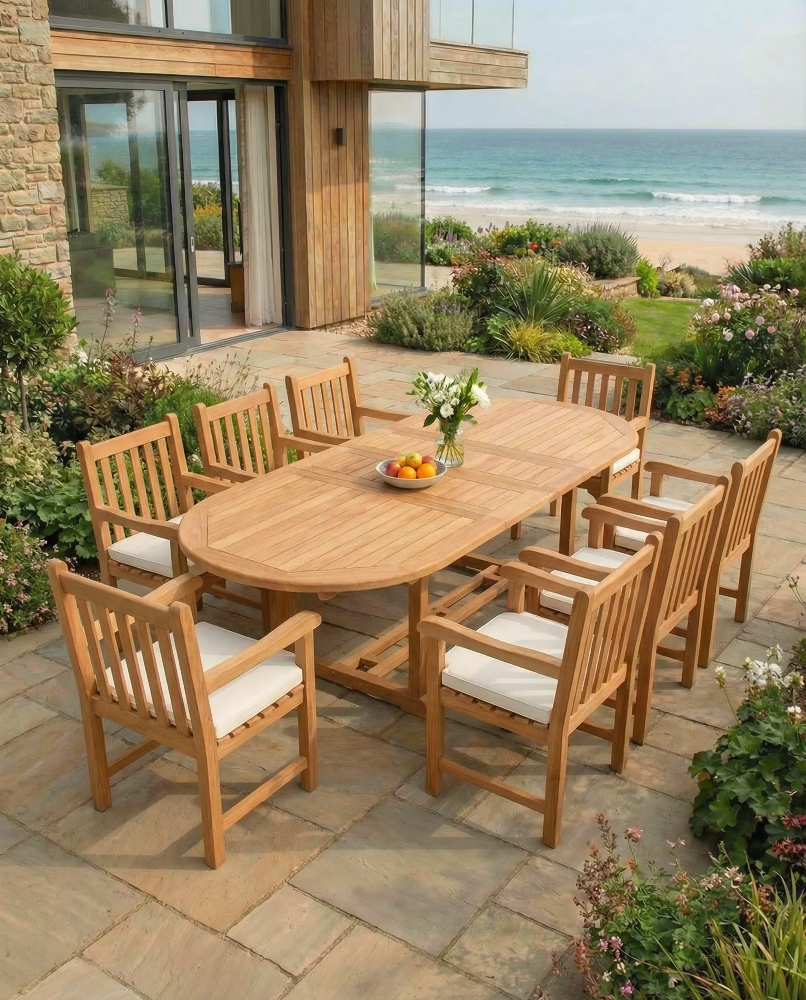 Teak Belgrave 8 Seater Extending Table 1.8m-2.4m (4cm Thick Top) with 8 Teak Oxford Chairs (Garden / Outdoor Dining Set)