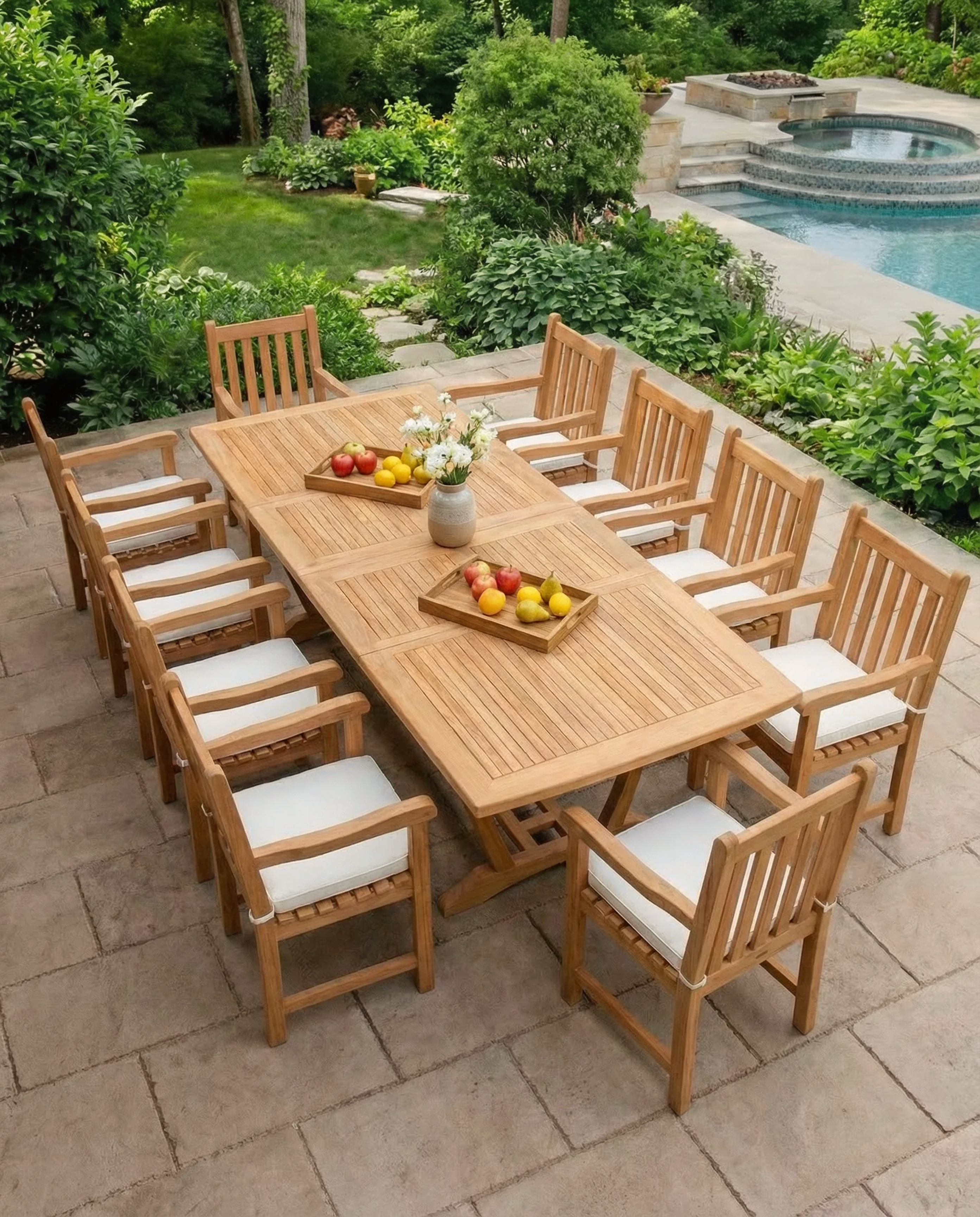 Teak Burnham 10 Seater Extending Table 2m-3m (4cm Thick Top)  with 10 Oxford Chairs (Garden / Outdoor Dining Set)