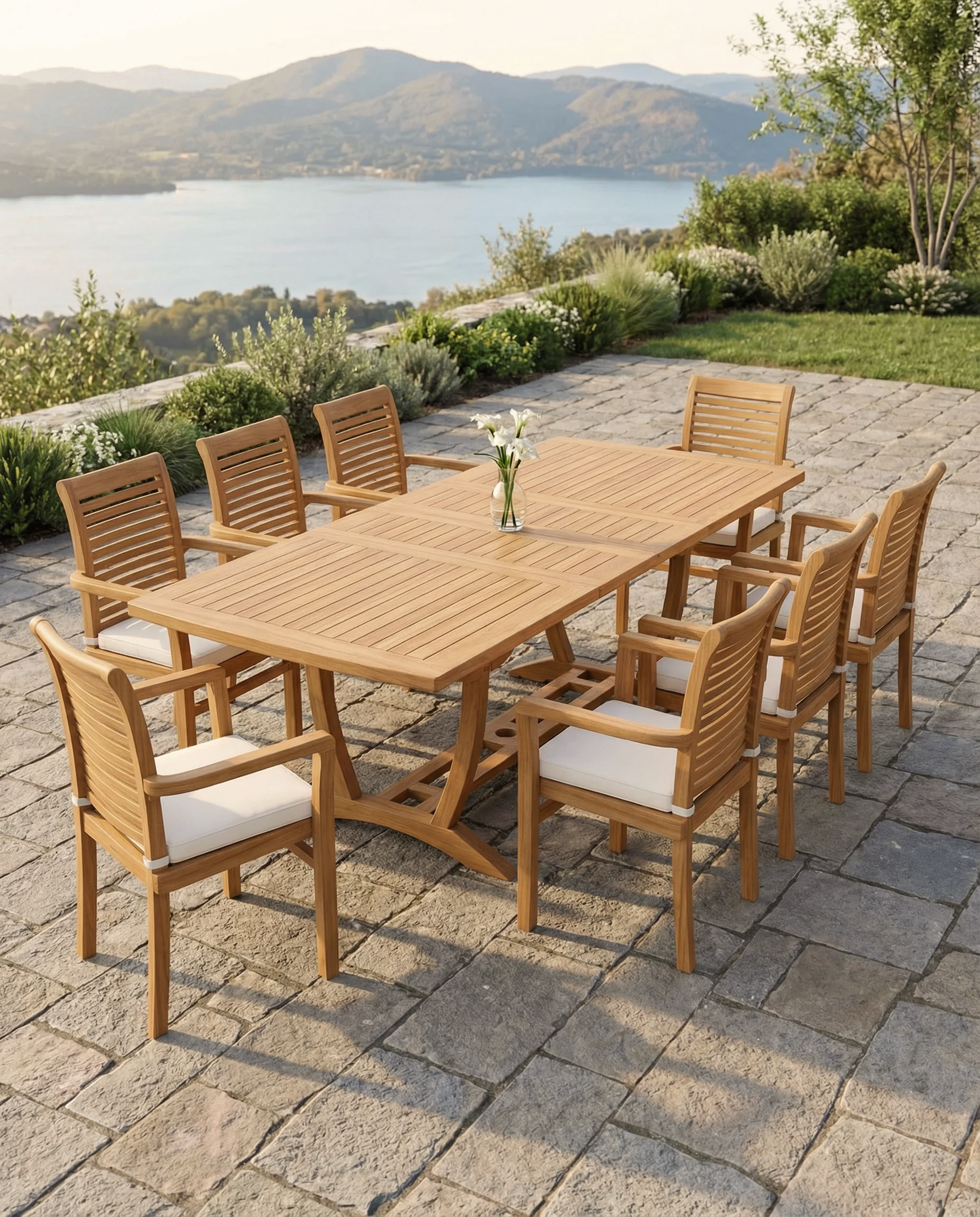 Teak Burnham 8 Seater Extending Table 1.8m-2.4m (4cm Thick Top) with 8 Belgrave Stacking Chairs (Garden / Outdoor Dining Set)