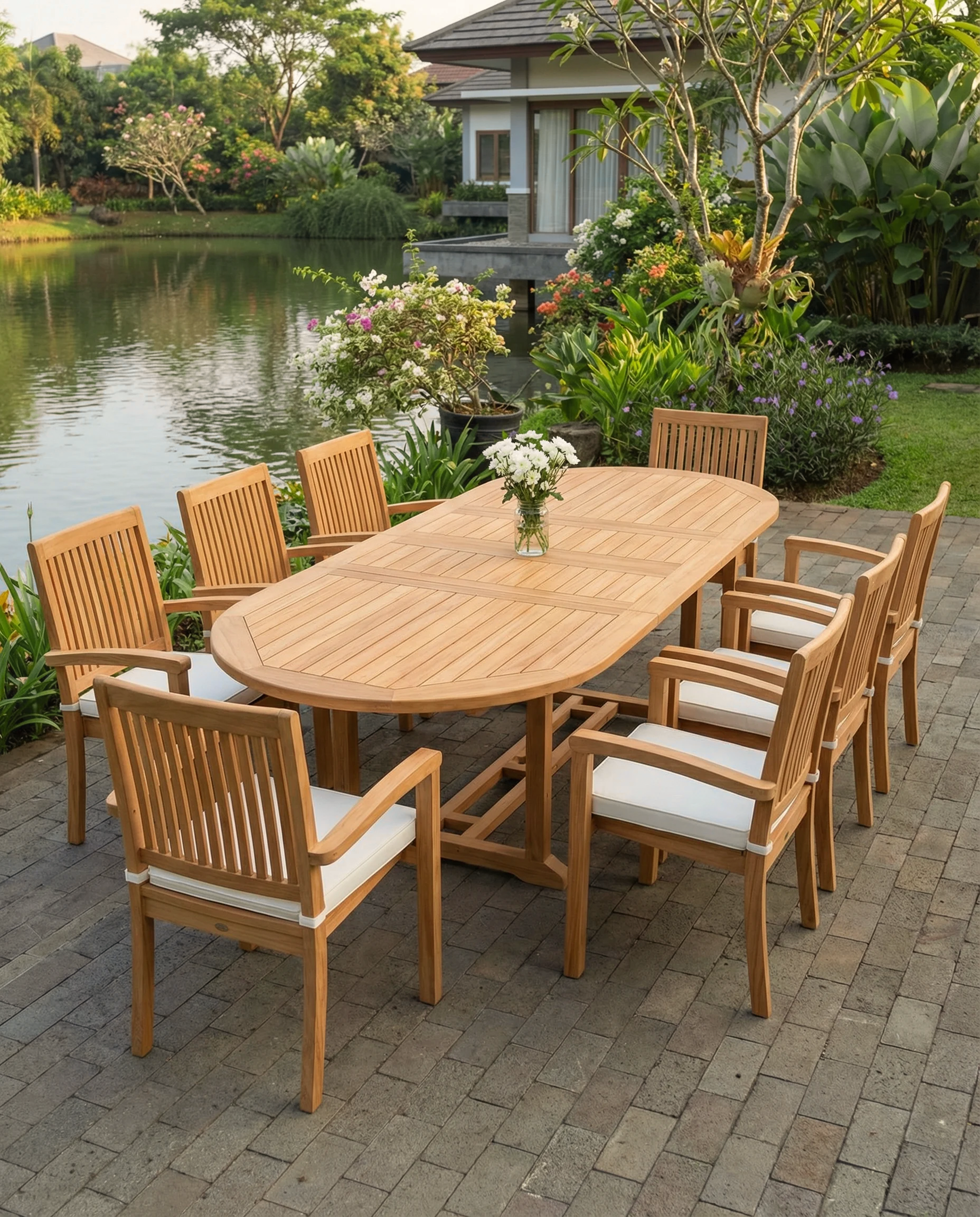 Teak Belgrave 8 Seater Extending Table 1.8m-2.4m (4cm Thick Top) with 8 Burnham Stacking Chairs (Garden / Outdoor Dining Set)