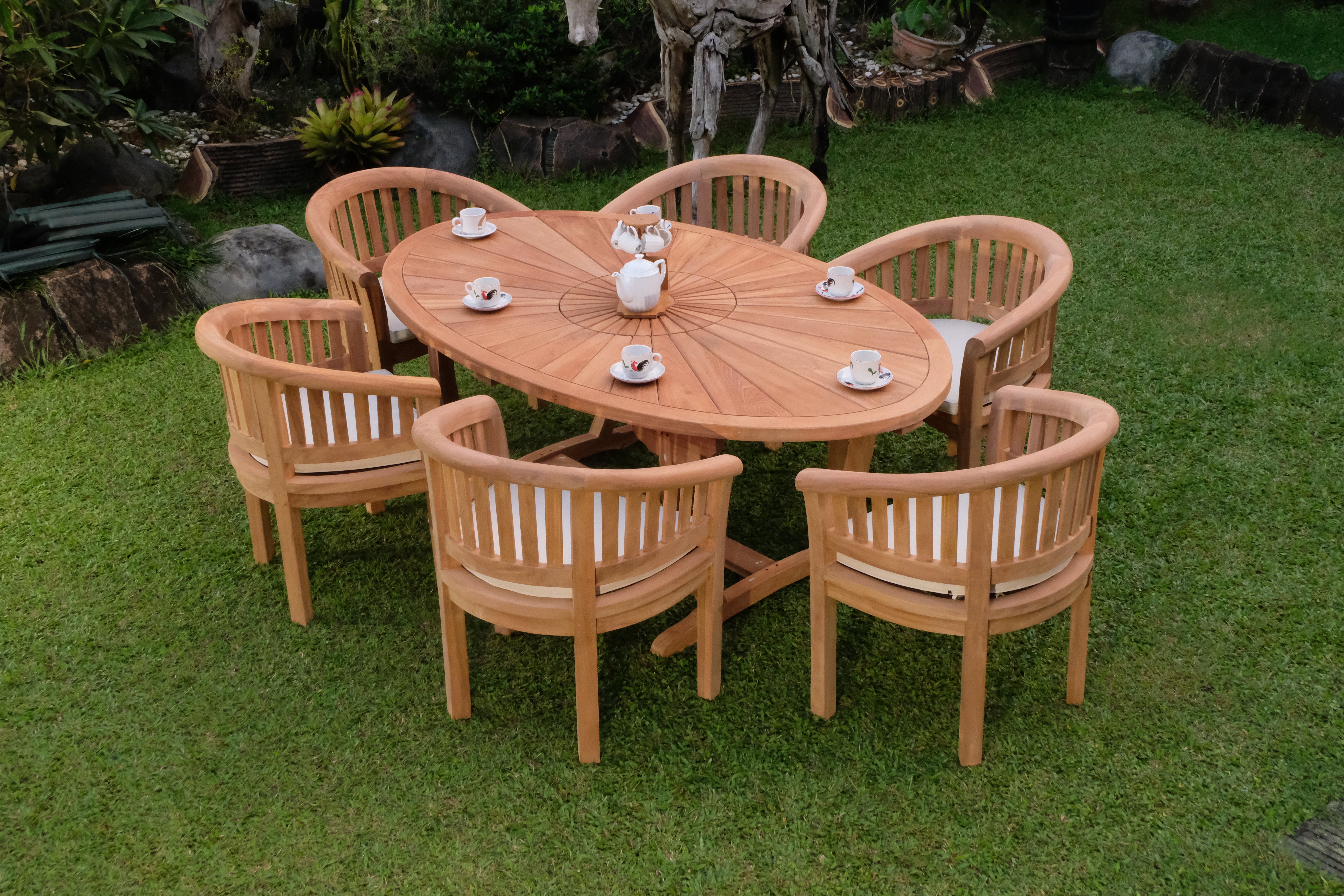 Teak Sunburst Oval 6 Seater Table 200cm (4cm Thick Top) with 6 Teak Banana Chairs Vertical Slats (Garden / Outdoor Dining Set)