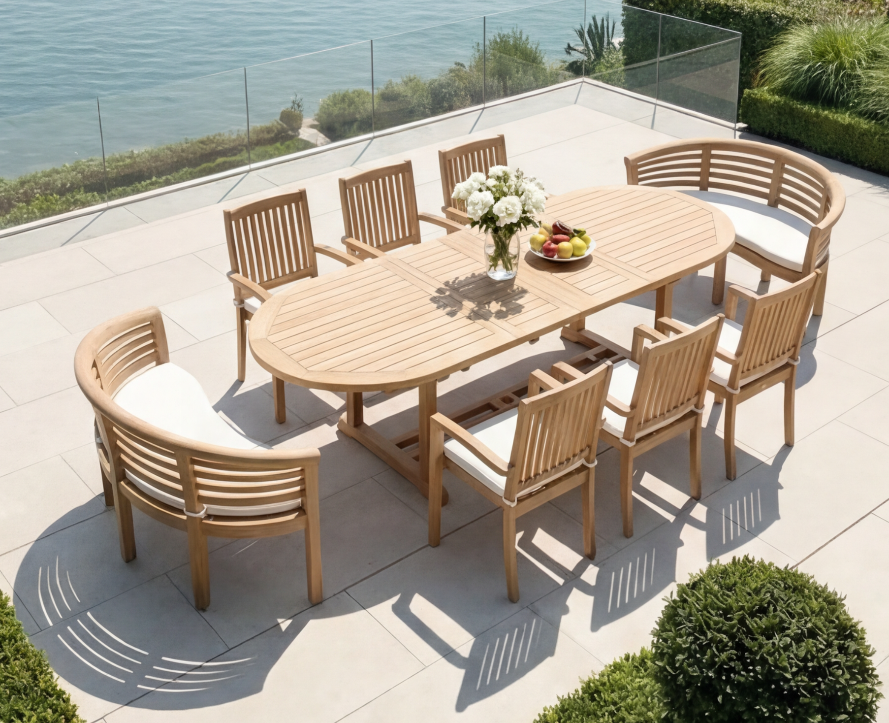 Teak Belgrave 8 Seater Extending Table 1.8m-2.4m (4cm Thick Top) with 2×Teak Banana Bench Horizontal Slats and 6 Burnham Stacking Chairs (Garden / Outdoor Dining Set)