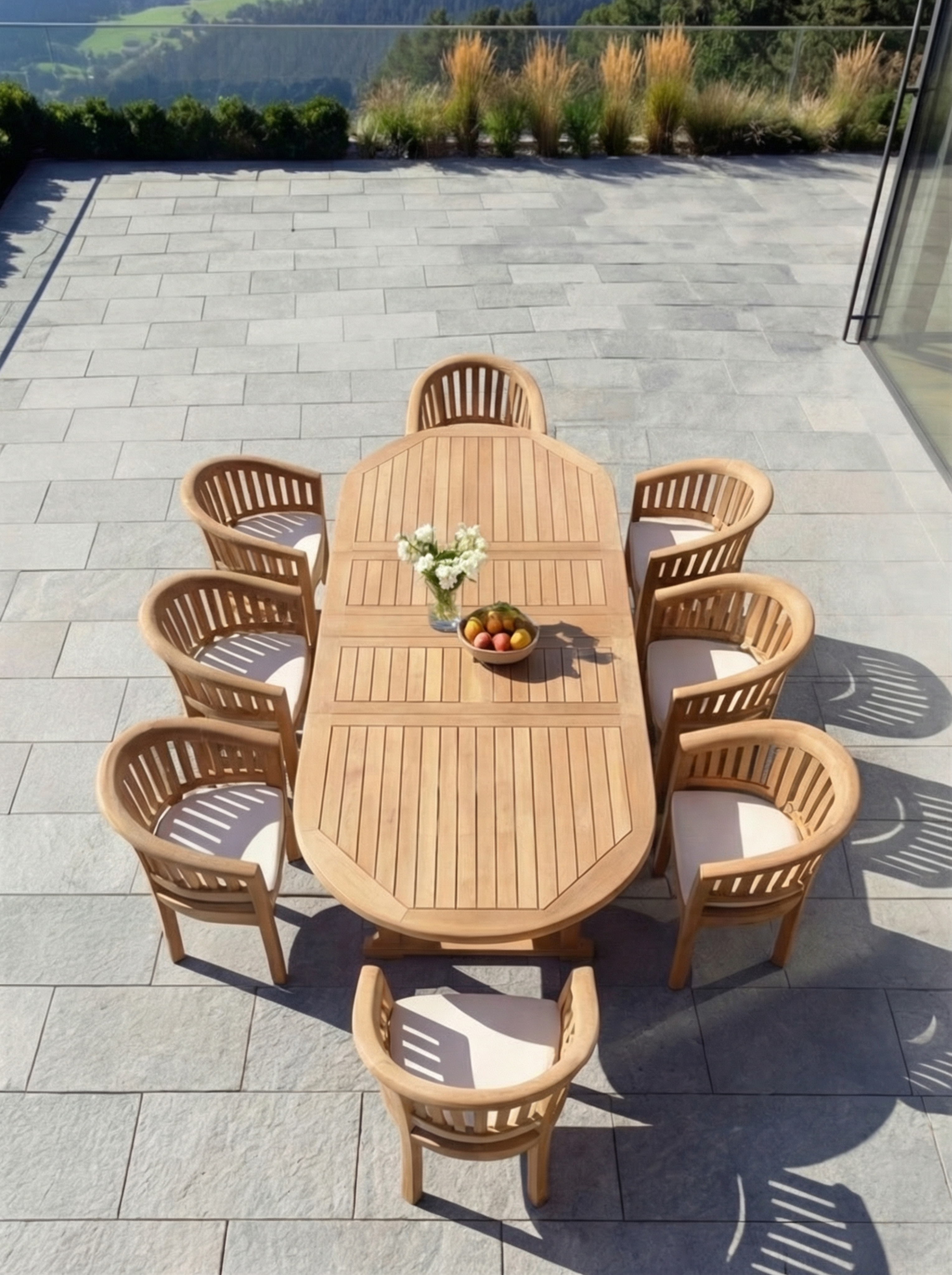 Teak Belgrave 8 Seater Extending Table 1.8m-2.4m (4cm Thick Top) with 8 ×Teak Banana Chair vertical Slats (Garden / Outdoor Dining Set)