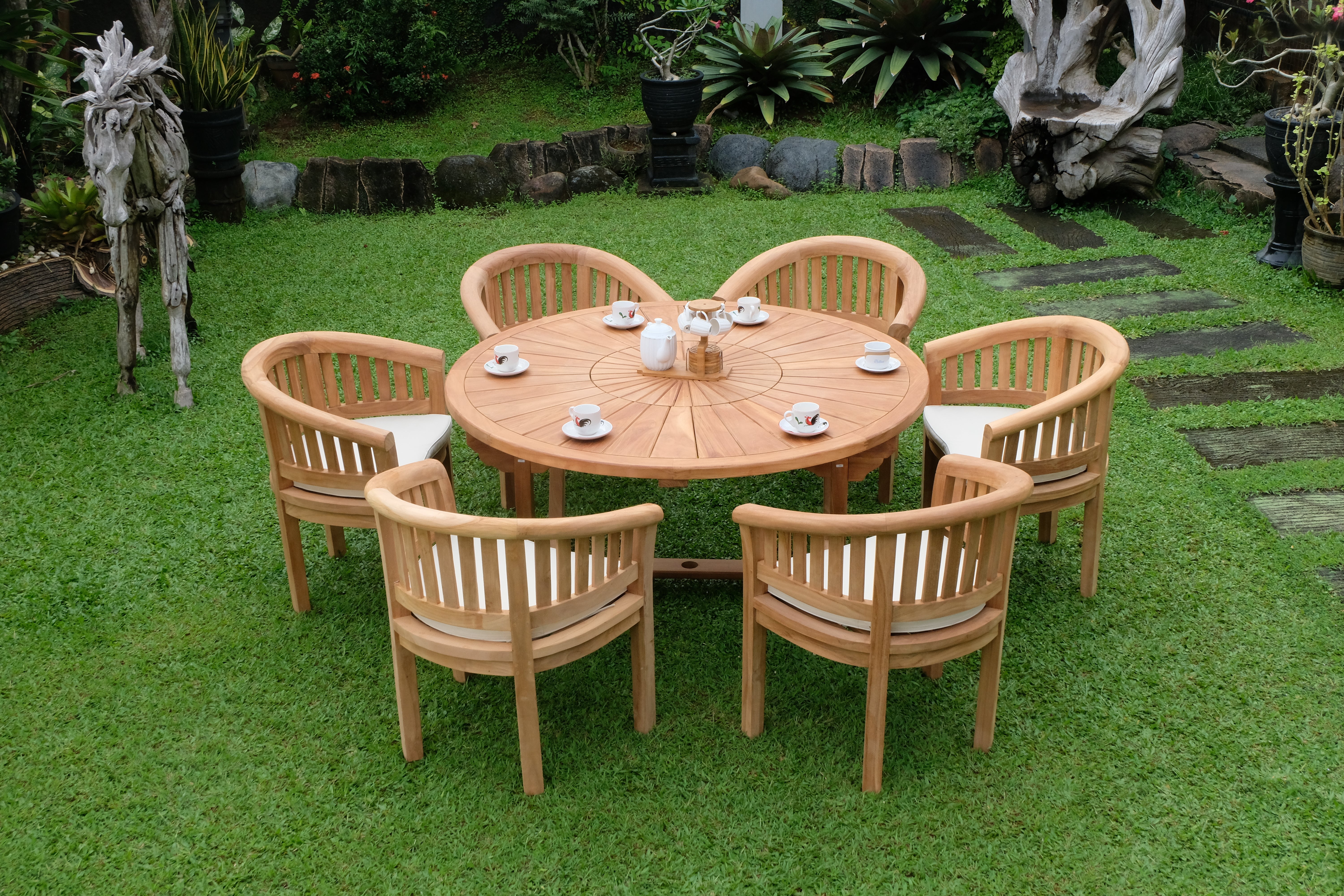 Teak Sunburst Round Table 150cm (4cm Thick Top) with Teak Banana Chair Vertical Slats (Garden / Outdoor Dining Set)