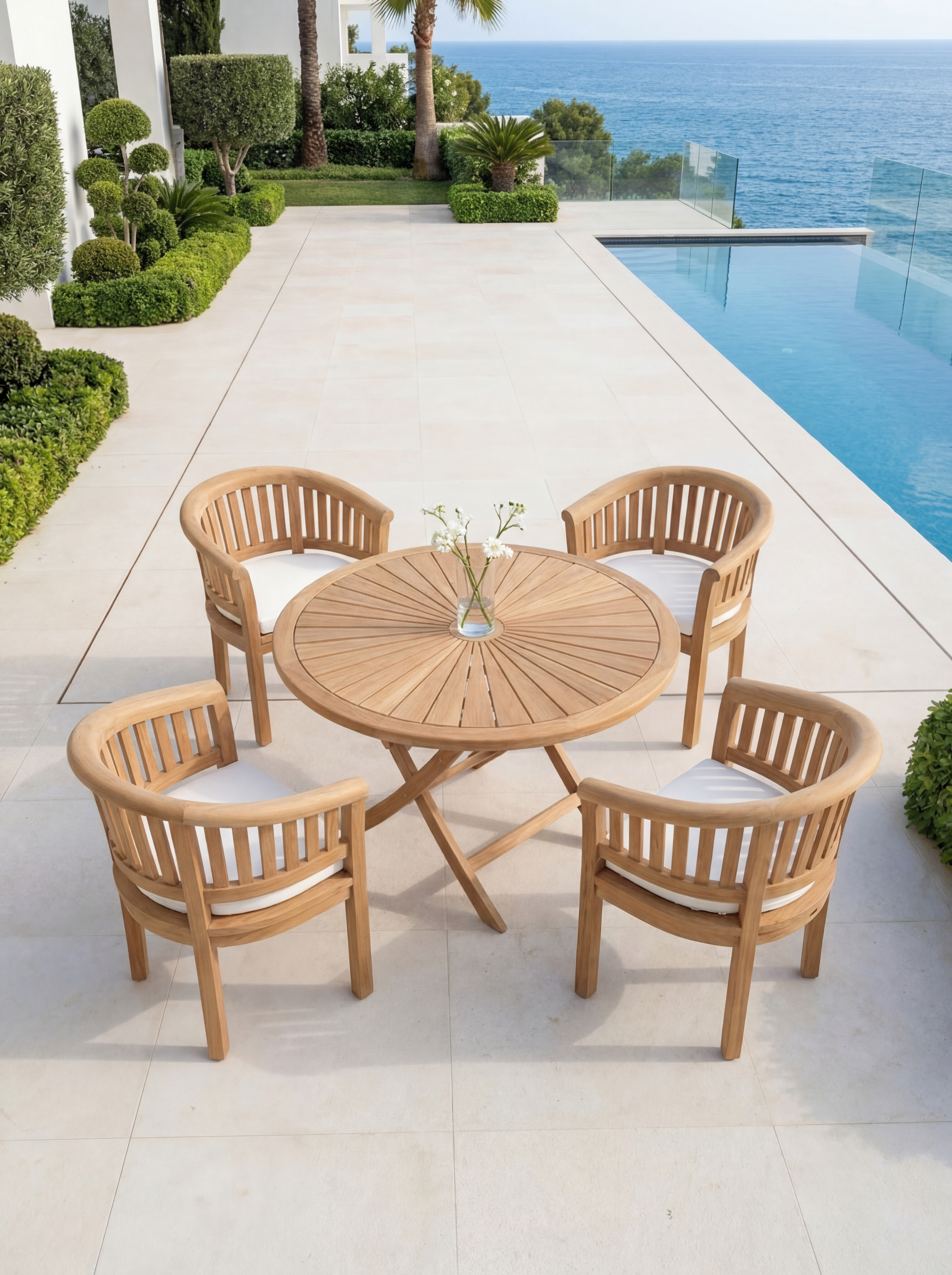 Teak Sunburst Folding Table 120cm (4cm Thick Top) with Teak Banana Chair Vertical Slat(Garden / Outdoor Dining Set)