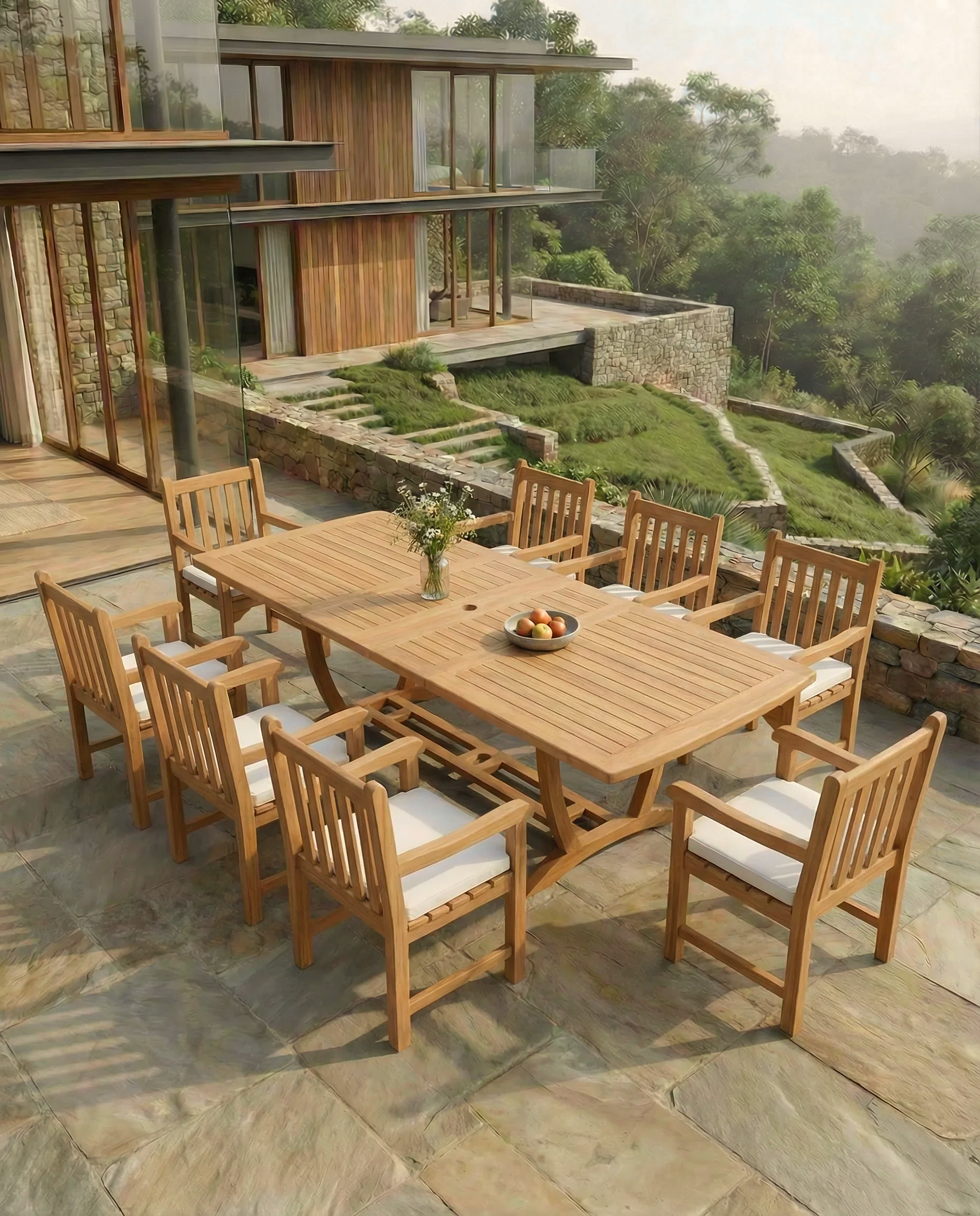 Teak Burnham 8 Seater Extending Table 1.8m-2.4m (4cm Thick Top) with 8 Teak Oxford Chairs (Garden / Outdoor Dining Set)