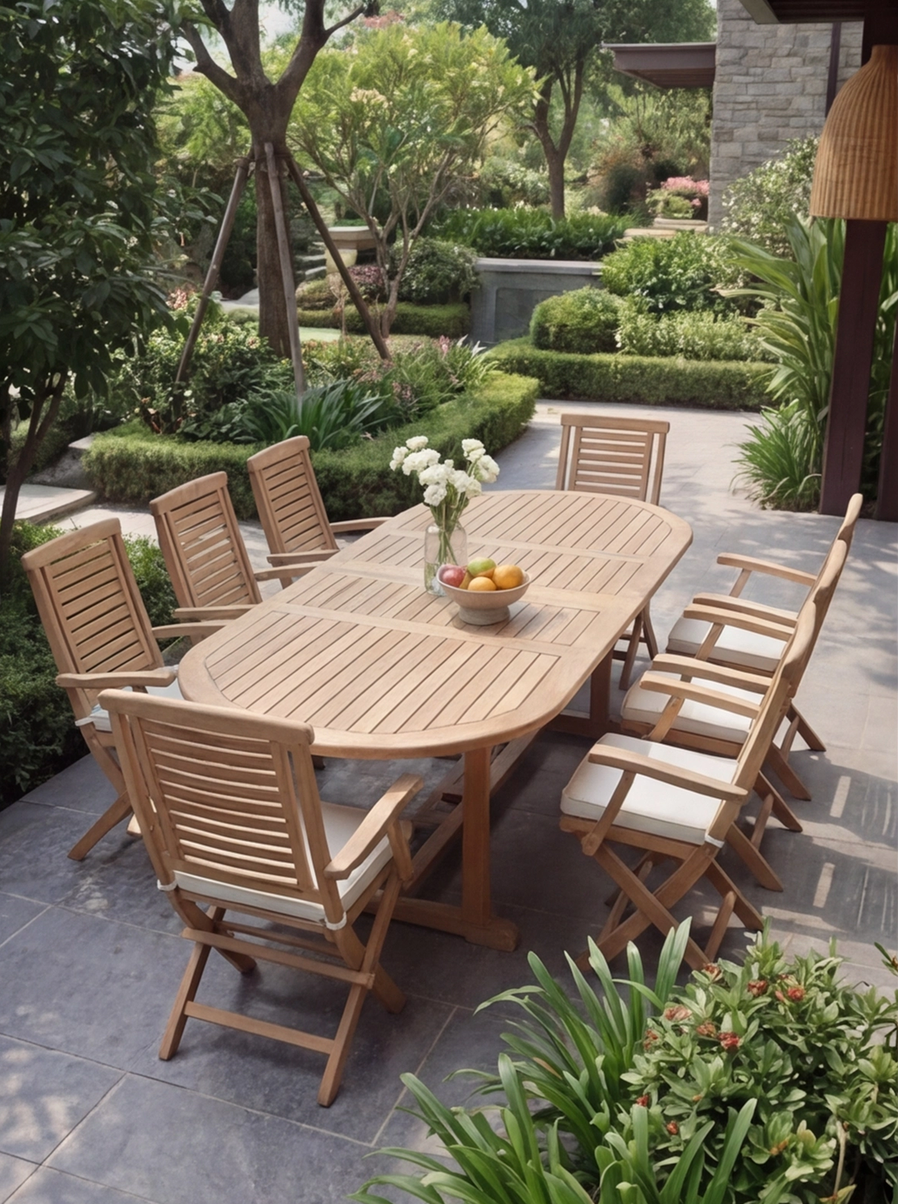 Teak Belgrave 8 Seater Extending Table 1.8m-2.4m (4cm Thick Top) with 8 Hanton Folding  Chair with Arm (Garden / Outdoor Dining Set)