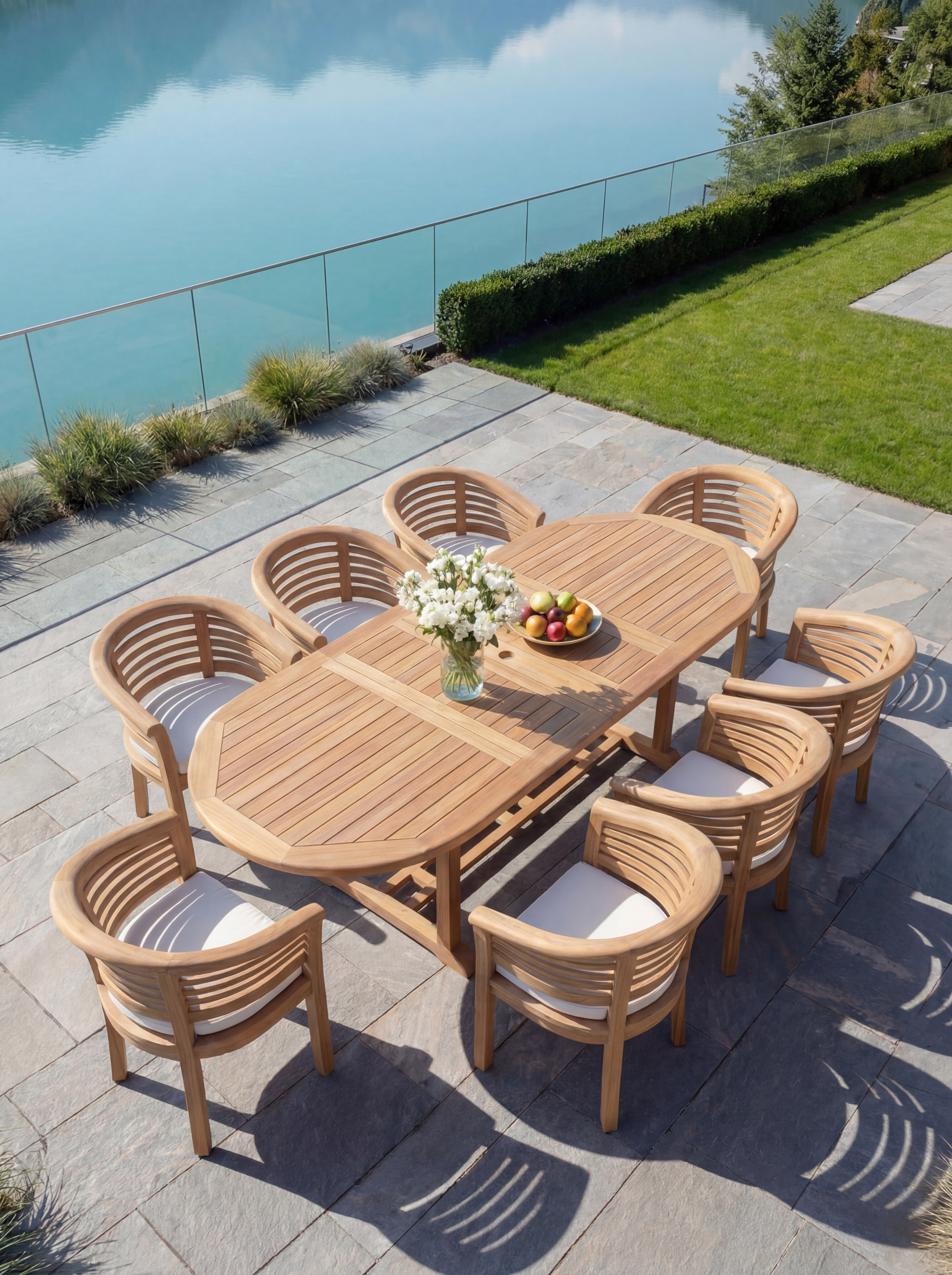 Teak Belgrave 8 Seater Extending Table 1.8m-2.4m (4cm Thick Top) with 8 ×Teak Banana Chair Horizontal Slats (Garden / Outdoor Dining Set)