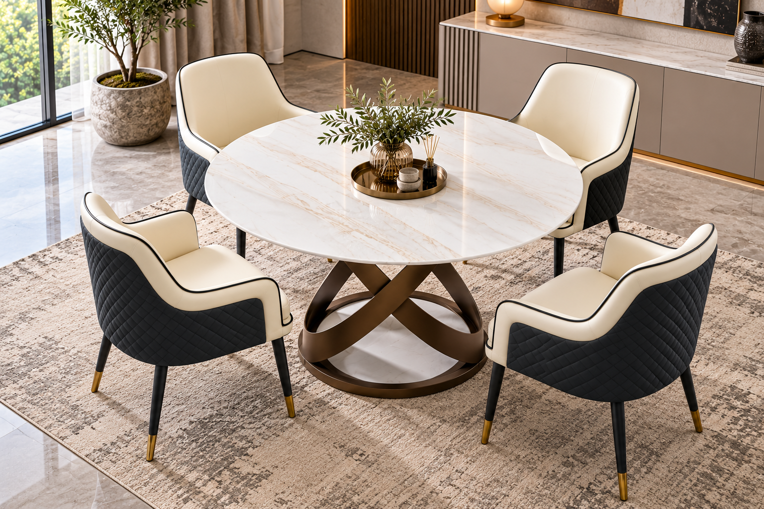 Round Marble Table with 4 Verona Chairs