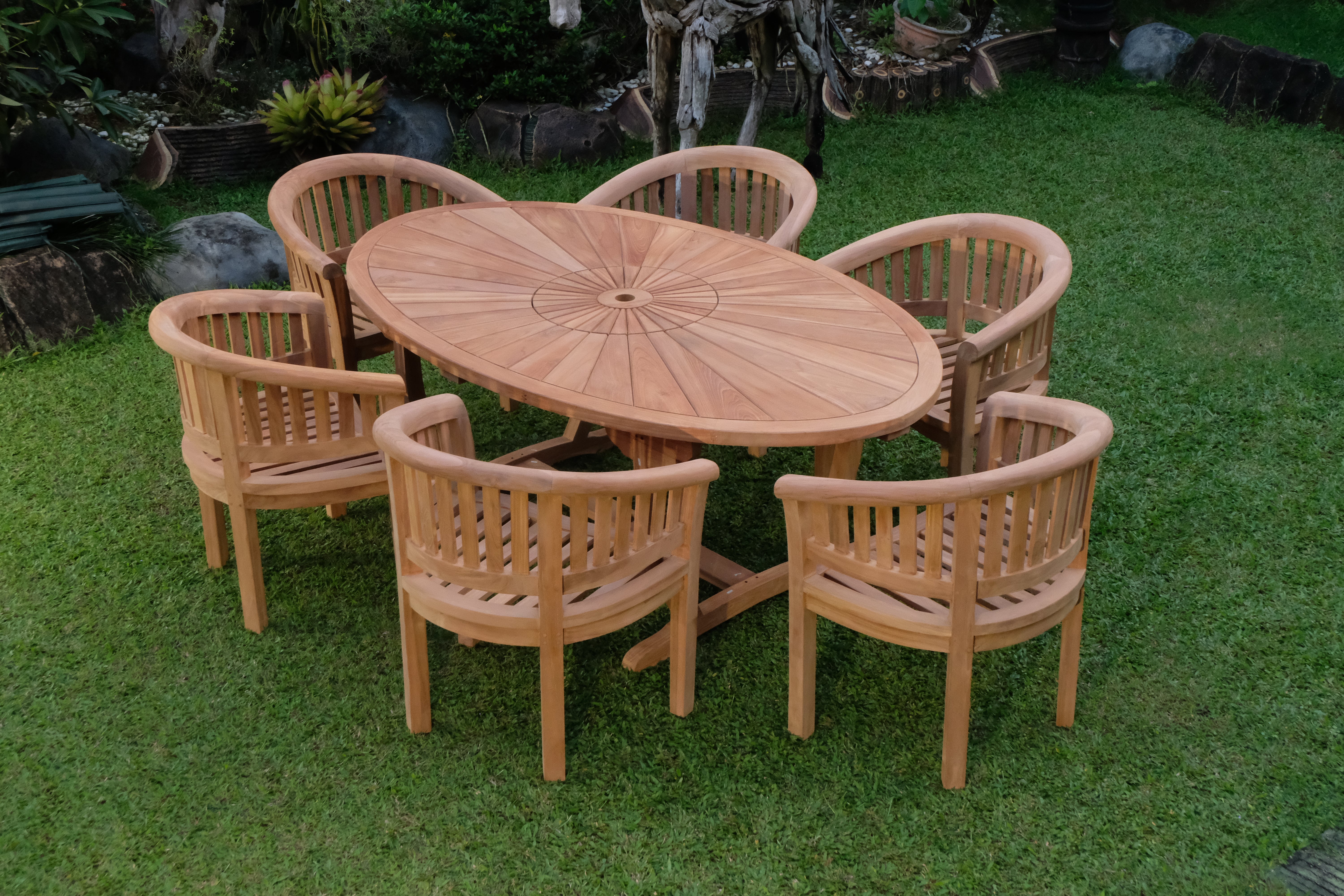 Teak Sunburst Oval 6 Seater Table 200cm (4cm Thick Top) with 6 Teak Banana Chairs Vertical Slats (Garden / Outdoor Dining Set)