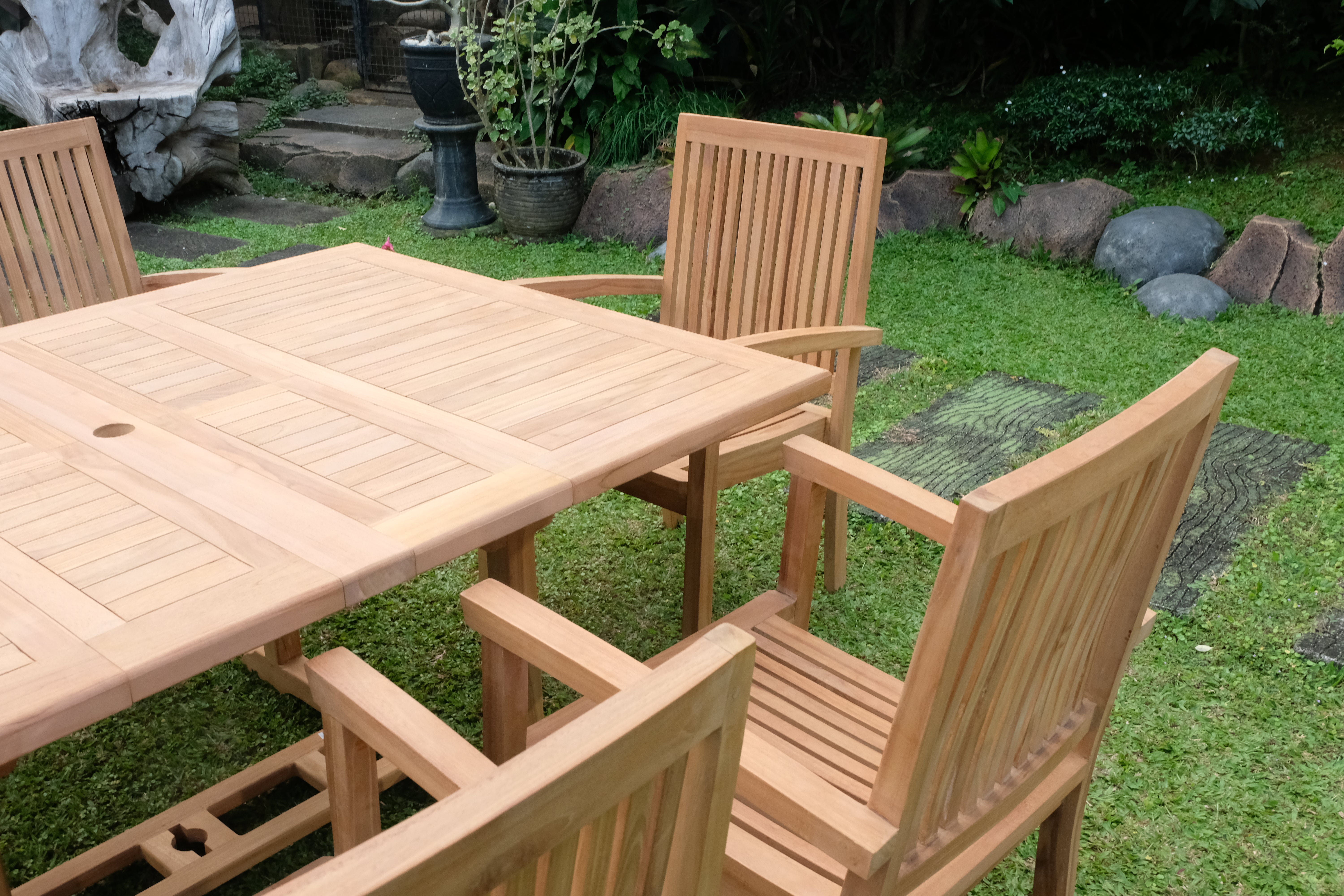 Teak Dorchester Square to Rect 6 Seater Extending Table 1.2m-1.7m ( 4cm Thick Top) with 6 Burnham  Stacking Chair (Garden / Outdoor Dining Set)