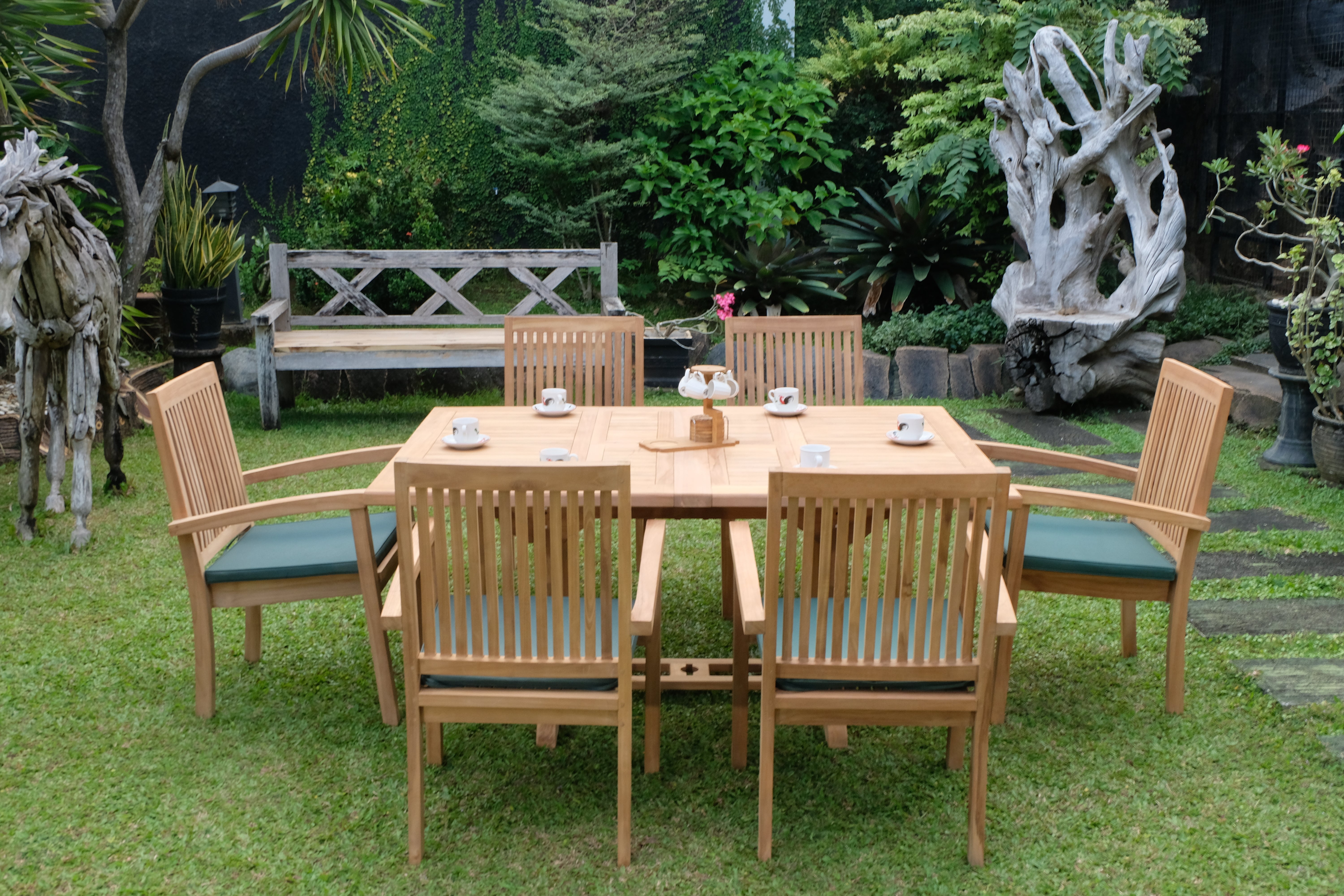 Teak Dorchester Square to Rect 6 Seater Extending Table 1.2m-1.7m ( 4cm Thick Top) with 6 Burnham  Stacking Chair (Garden / Outdoor Dining Set)