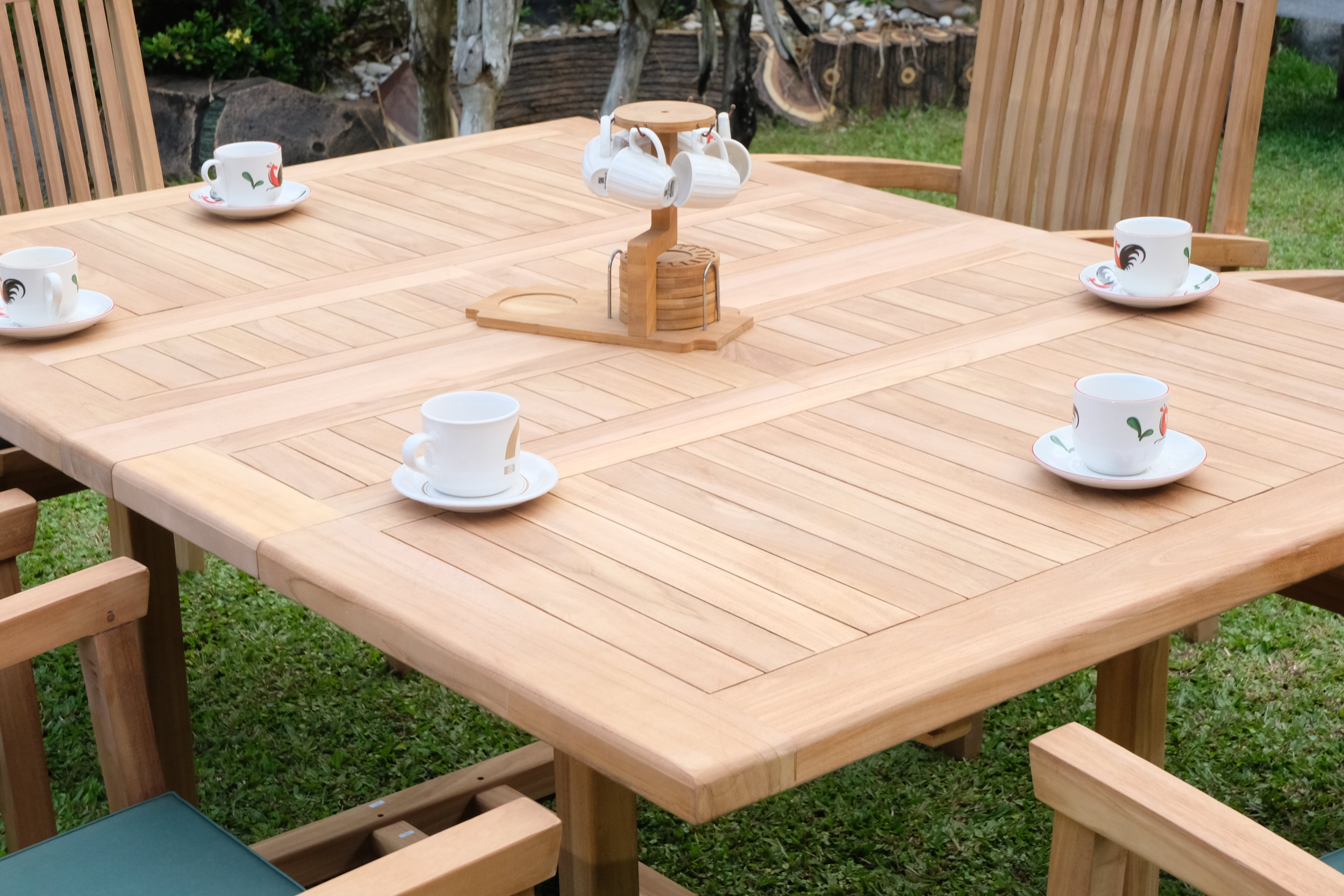 Teak Dorchester Square to Rect 6 Seater Extending Table 1.2m-1.7m ( 4cm Thick Top) with 6 Burnham  Stacking Chair (Garden / Outdoor Dining Set)