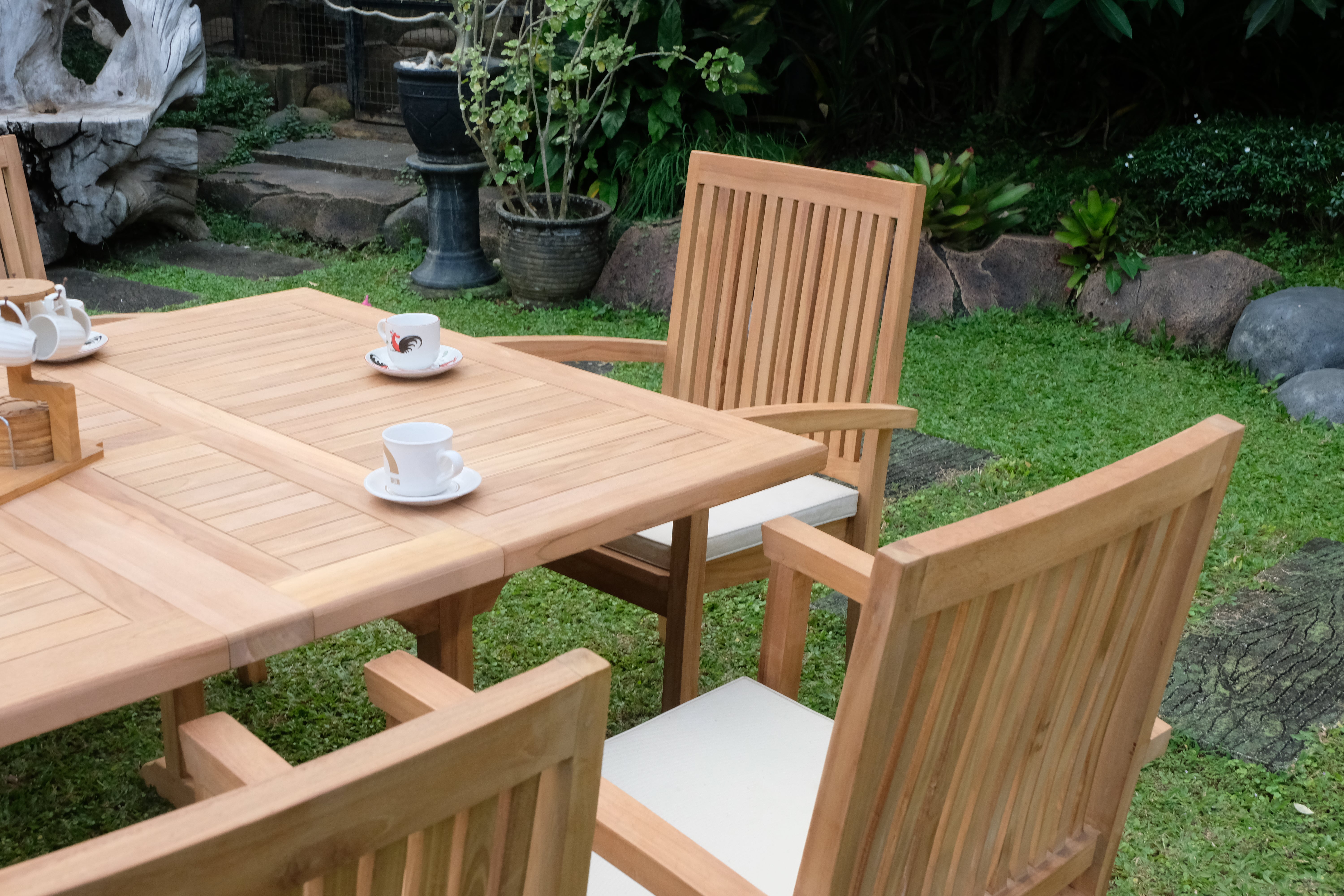 Teak Dorchester Square to Rect 6 Seater Extending Table 1.2m-1.7m ( 4cm Thick Top) with 6 Burnham  Stacking Chair (Garden / Outdoor Dining Set)