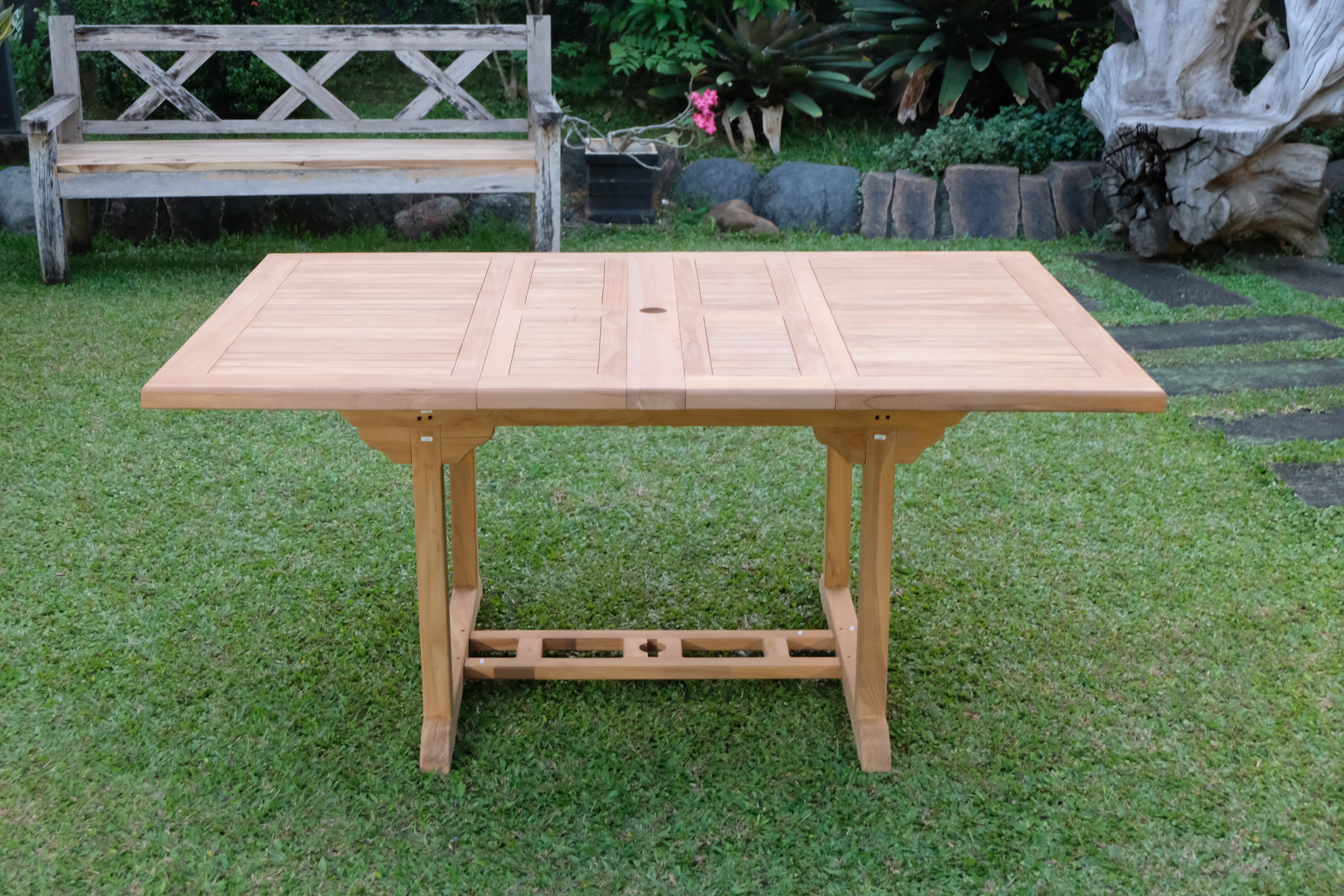 Teak Dorchester Square to Rect 6 Seater Extending Table 1.2m-1.7m ( 4cm Thick Top) with 6 Burnham  Stacking Chair (Garden / Outdoor Dining Set)