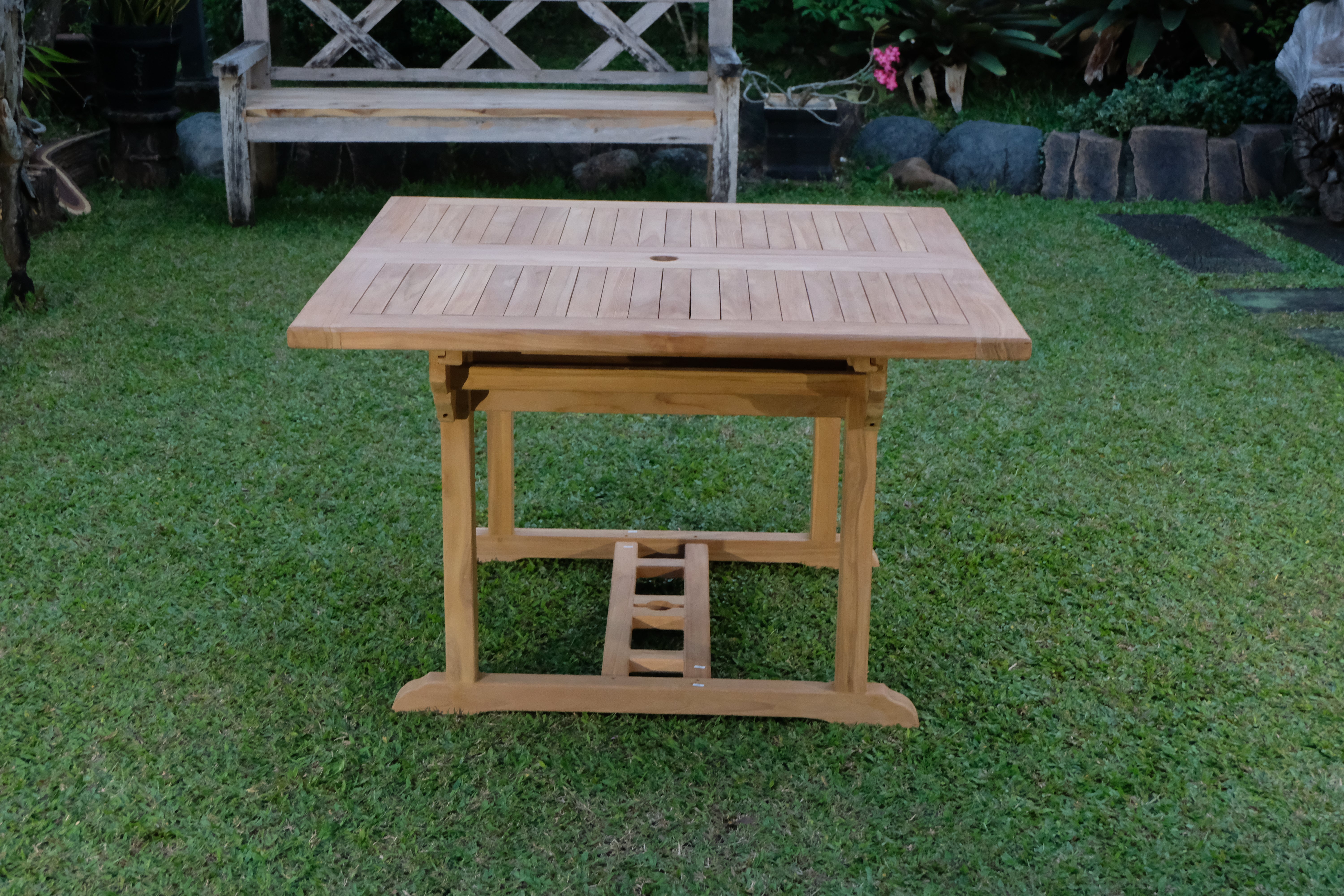 Teak Dorchester Square to Rect 6 Seater Extending Table 1.2m-1.7m ( 4cm Thick Top) with 6 Burnham  Stacking Chair (Garden / Outdoor Dining Set)